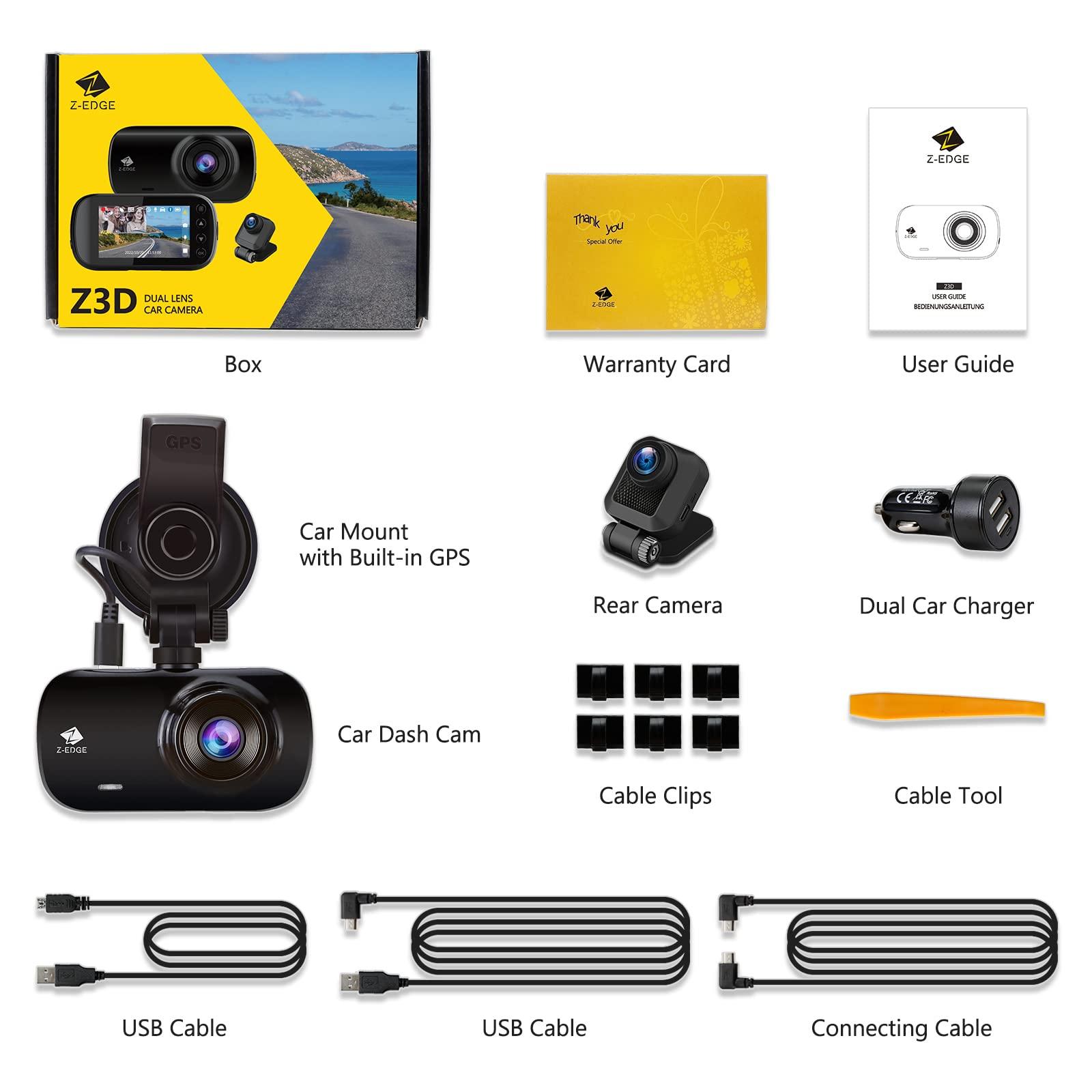 Z Z-EDGE Dash Cam, Z-Edge Z3D 2560x1440P QHD, Front and Rear Dash Cam with WiFi, GPS, Dual Cam, Car DVR, Night Vision, Parking Mode, G-Sensor, Loop Recording