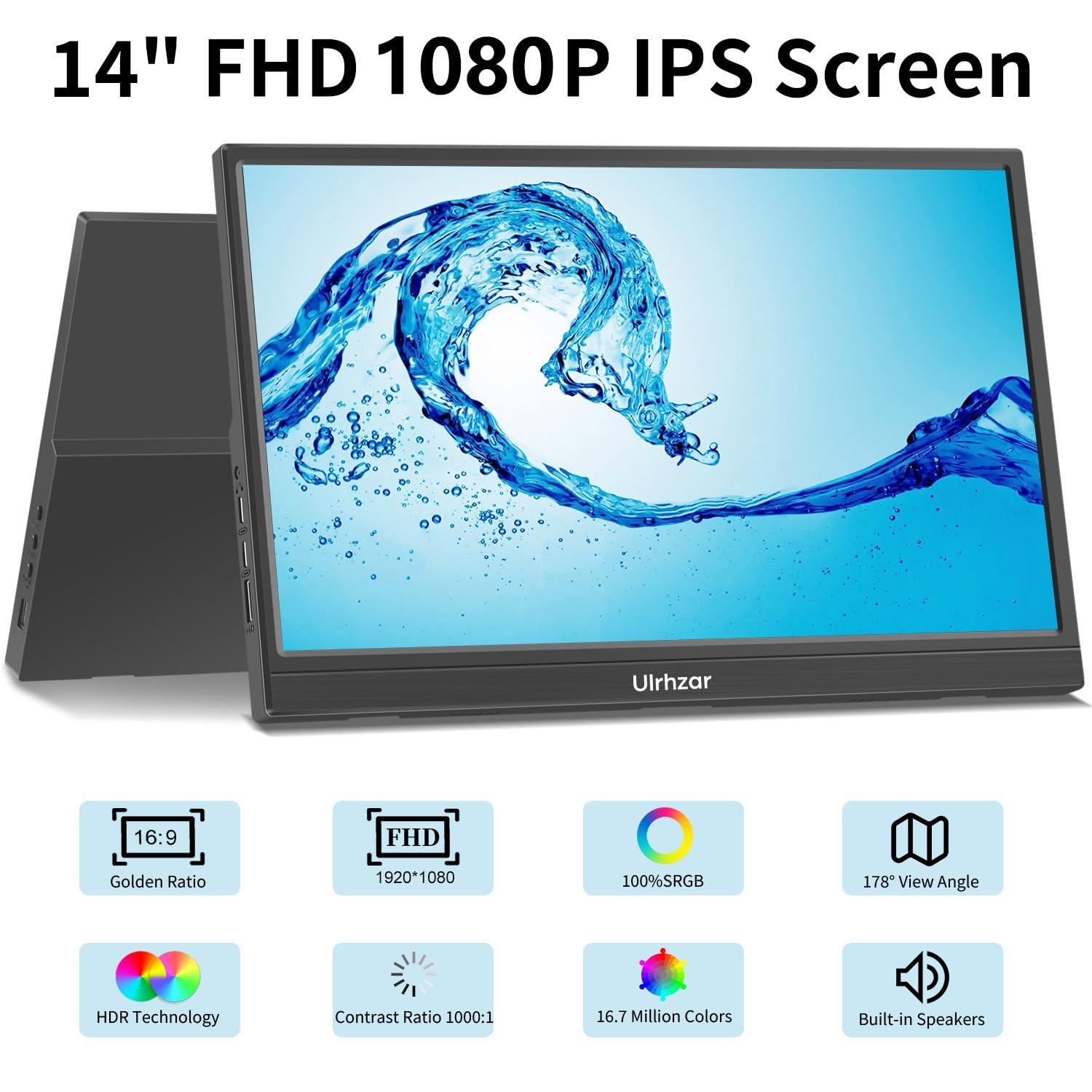 Ulrhzar Touchscreen Monitor 14 Inch, Portable Monitor 1920x1080 60Hz IPS Panel with USB C HDMI Input for PC/Phone/Xbox/Switch/PS4/Raspberry pi, Laptop Monitor Built in Dual Speakers for Travel, Vesa, Tiltable