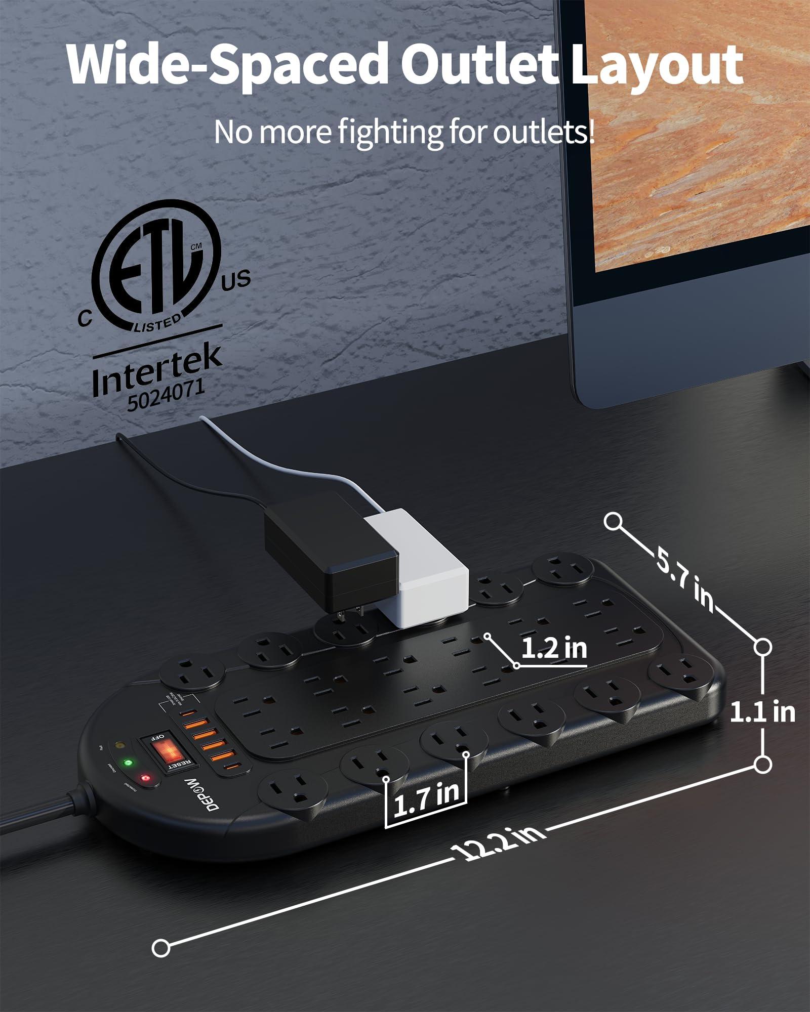 DEPOW 15Ft Power Strip Surge Protector (3,400 Joules), DEPOW 24 AC Multiple Outlets (1875W/15A) with 6 USBs (2 USB-C Ports), ETL Listed, Flat Plug Heavy Duty Long Extension Cord for Home, Office, Black