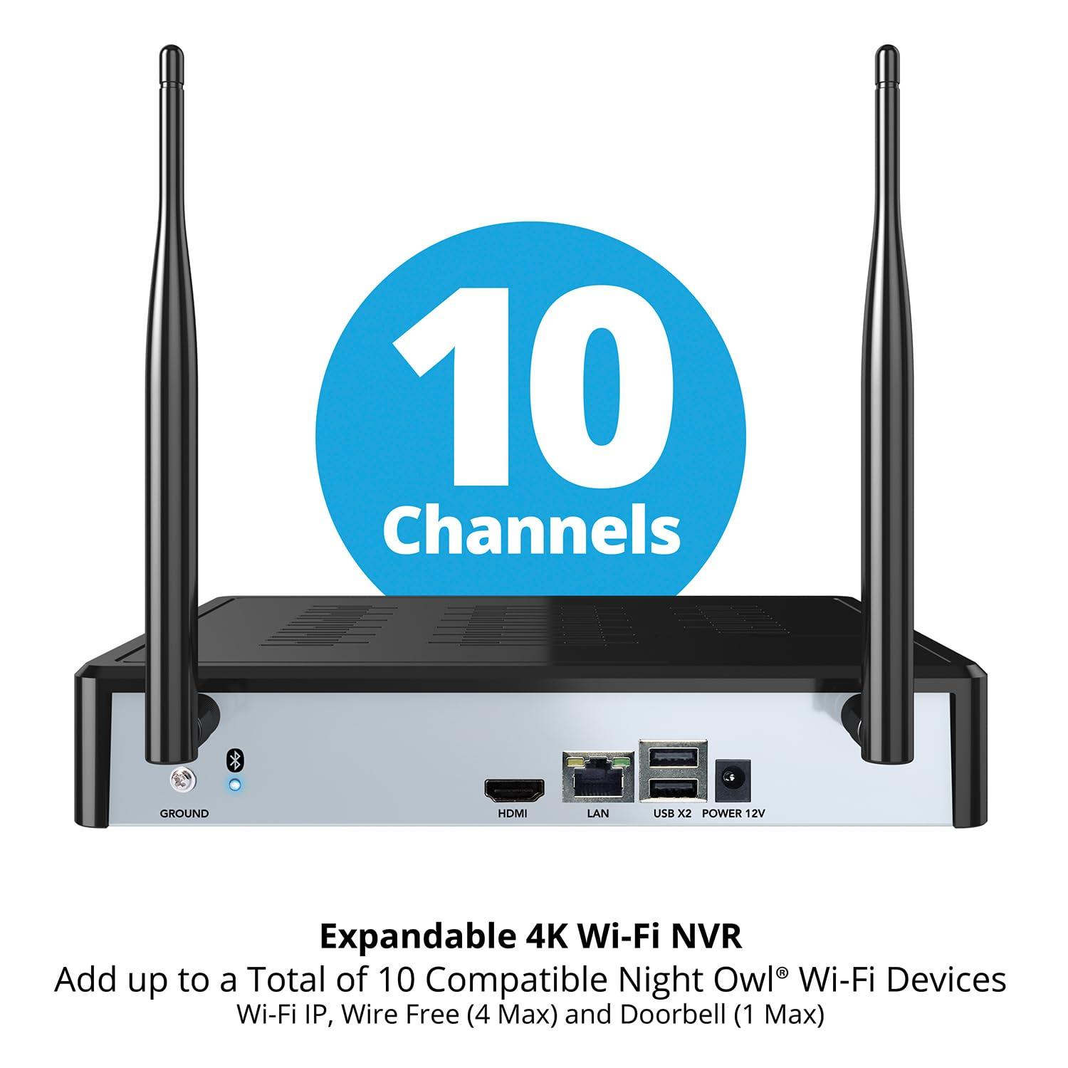 Night Owl Night Owl 10 Channel Bluetooth Video Home Security Camera System with (4) Plug-in Wi-Fi 2K HD Indoor/Outdoor Spotlight Cameras with 2-Way Audio and 1TB Hard Drive (Expandable up to 10 Cameras)