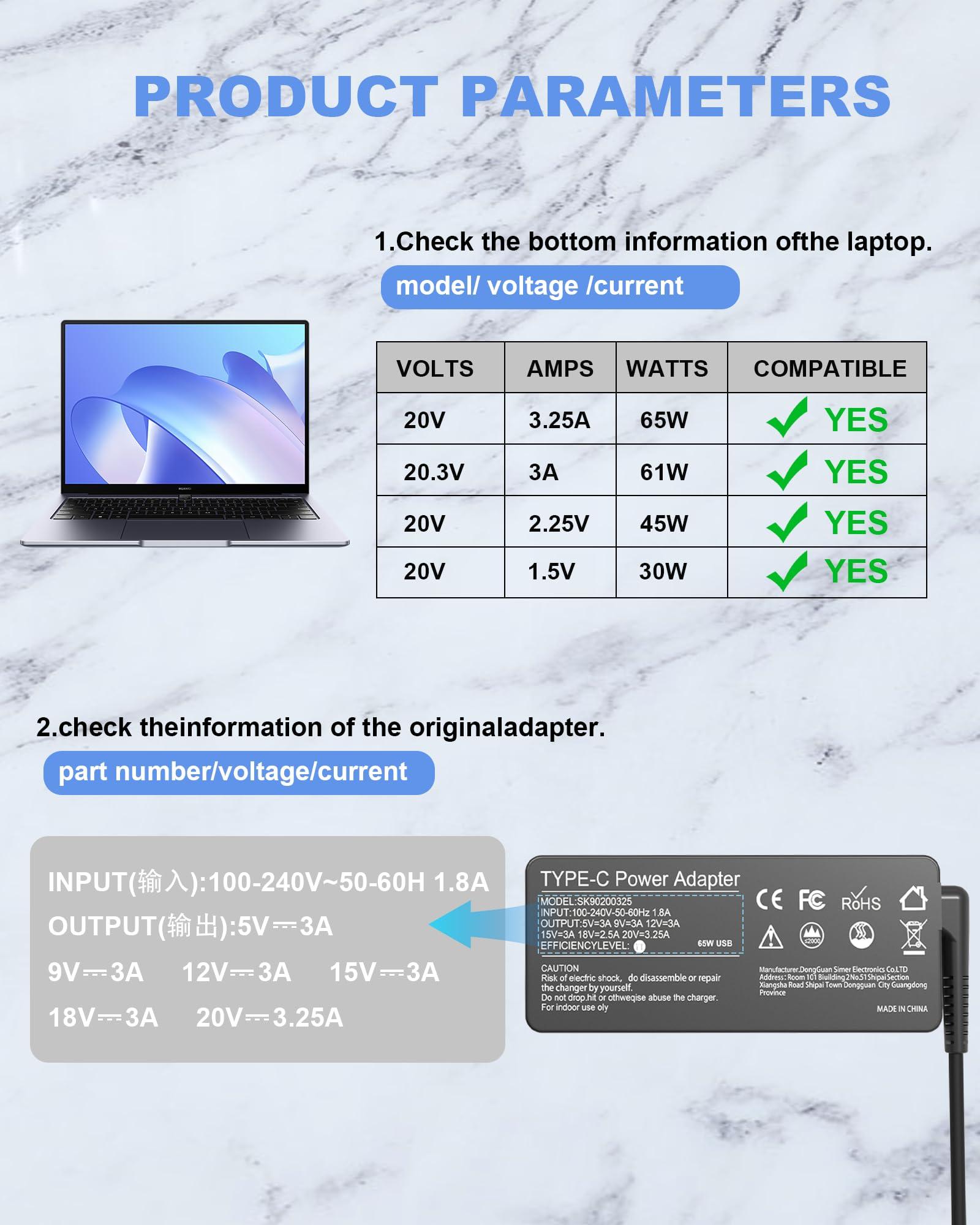 HBONY 65W 45W USB C Laptop Charger for Lenovo Type C Computer Power Adapter Cord - Thinkpad X1 Carbon T480 T490 T480s T490s T580 T590 T14 T16, Yoga 7i C740 C940 C930 920 C630 730 720,Chromebook Replacement