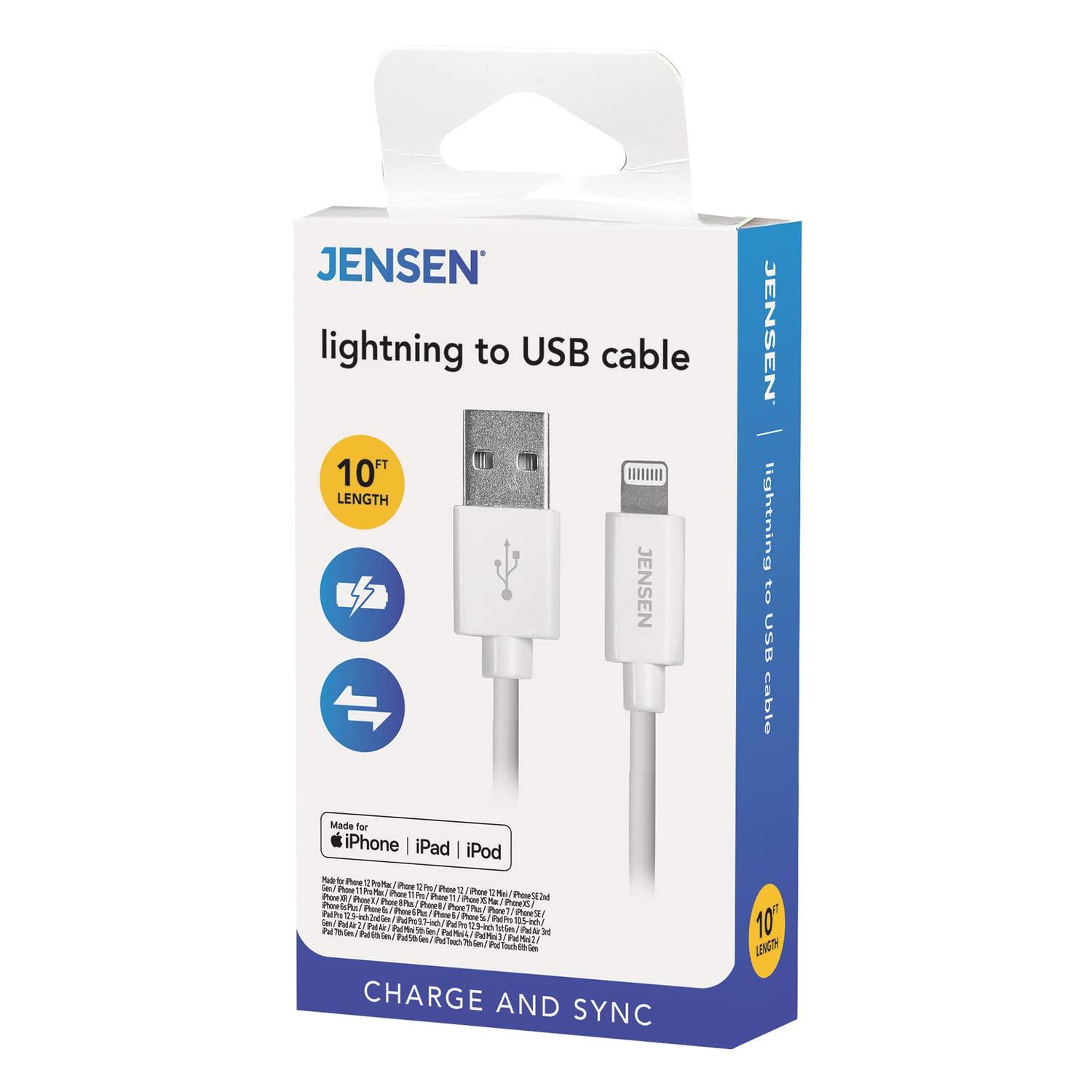 Jensen JENSEN Lightning to USB Cable, 10 ft, White