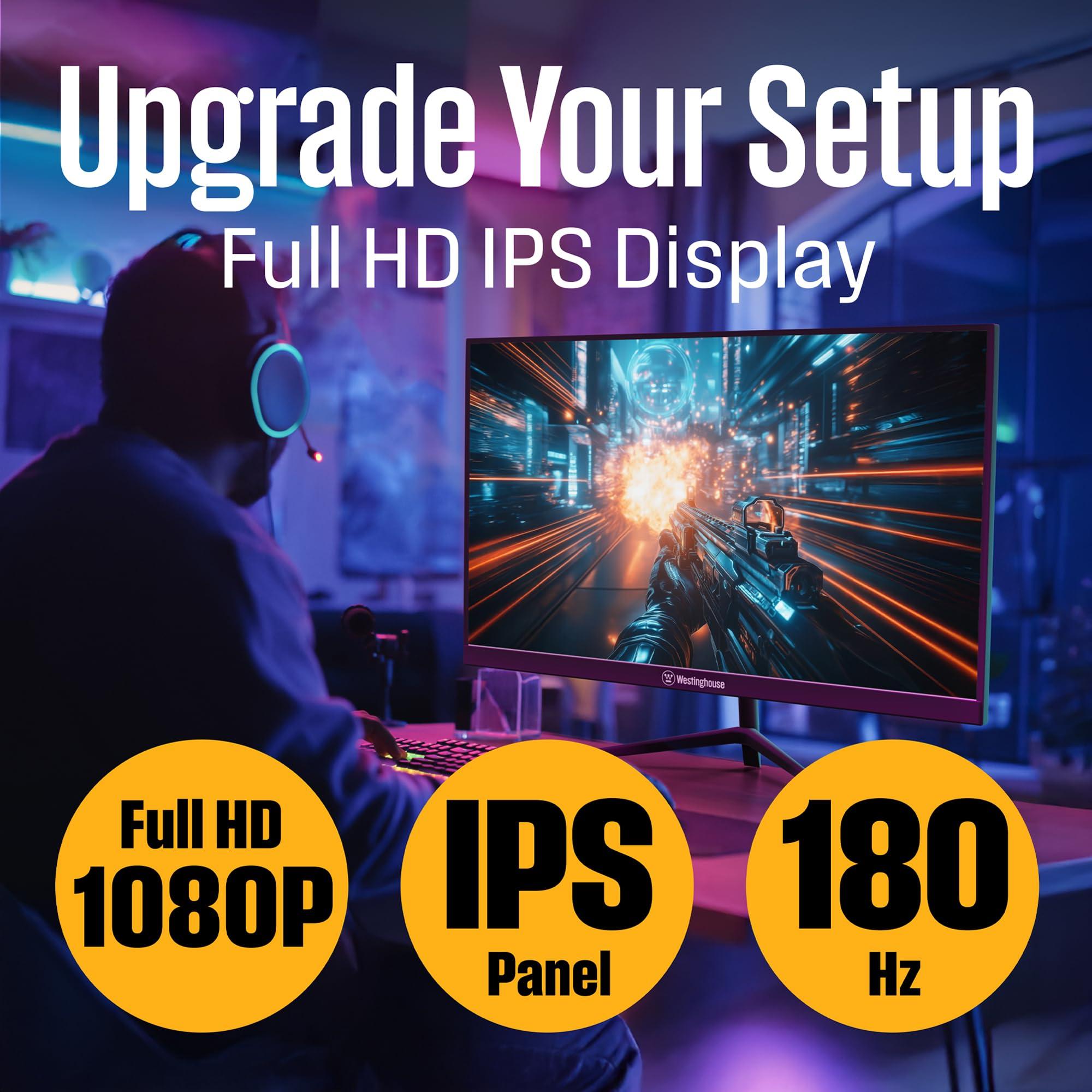 Westinghouse Westinghouse 27 Inch Flat Gaming Monitor, 180Hz, 1ms, AMD FreeSync Support, Low Motion Blur, 1080p Full HD IPS Display, for Office, PC & Console Games with Built in Speakers, 1x DisplayPort, 2X HDMI