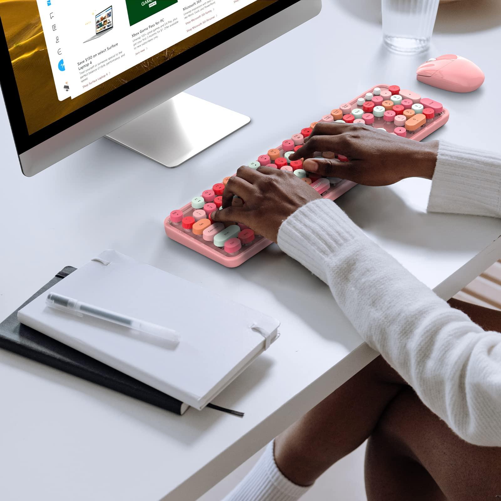 MOFII MOFII Wireless Keyboard and Mouse, Pink Colorful Round Key Retro Typewriter Keyboards, USB Wireless 2.4G Full Size Keyboard and Cute Mice Combo for Computer, Laptop, PC, Chromebook, Smart TV