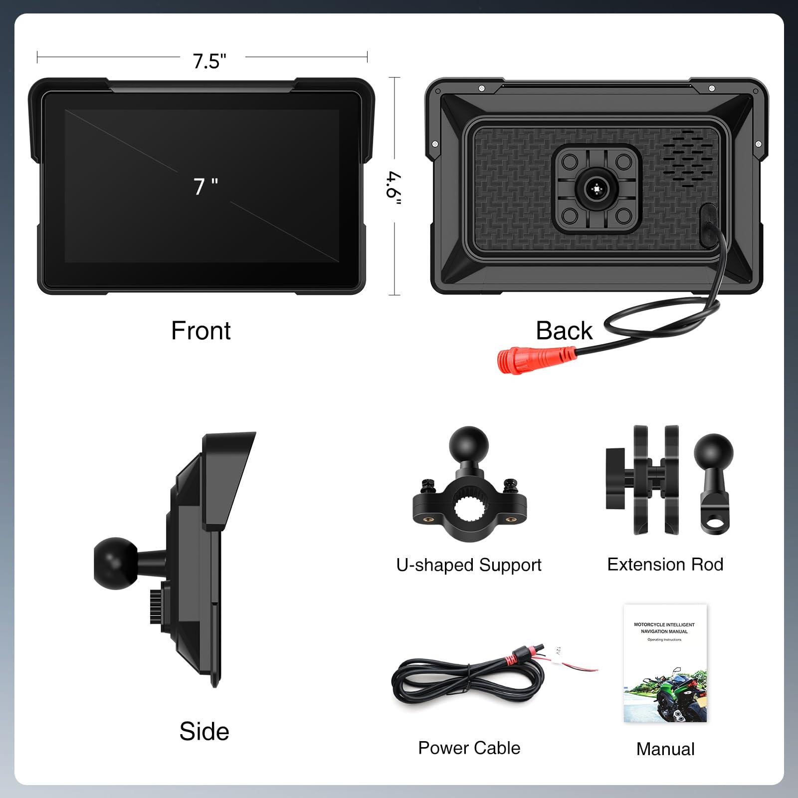 GTRUI 7 Inch Portable CarPlay for Motorcycle, Waterproof Touchscreen Wireless Car Play Android Auto Screen GPS Navigation for Motorbike, Siri Voice Control Dual Bluetooth TF-64G (M570 w/Cameras)