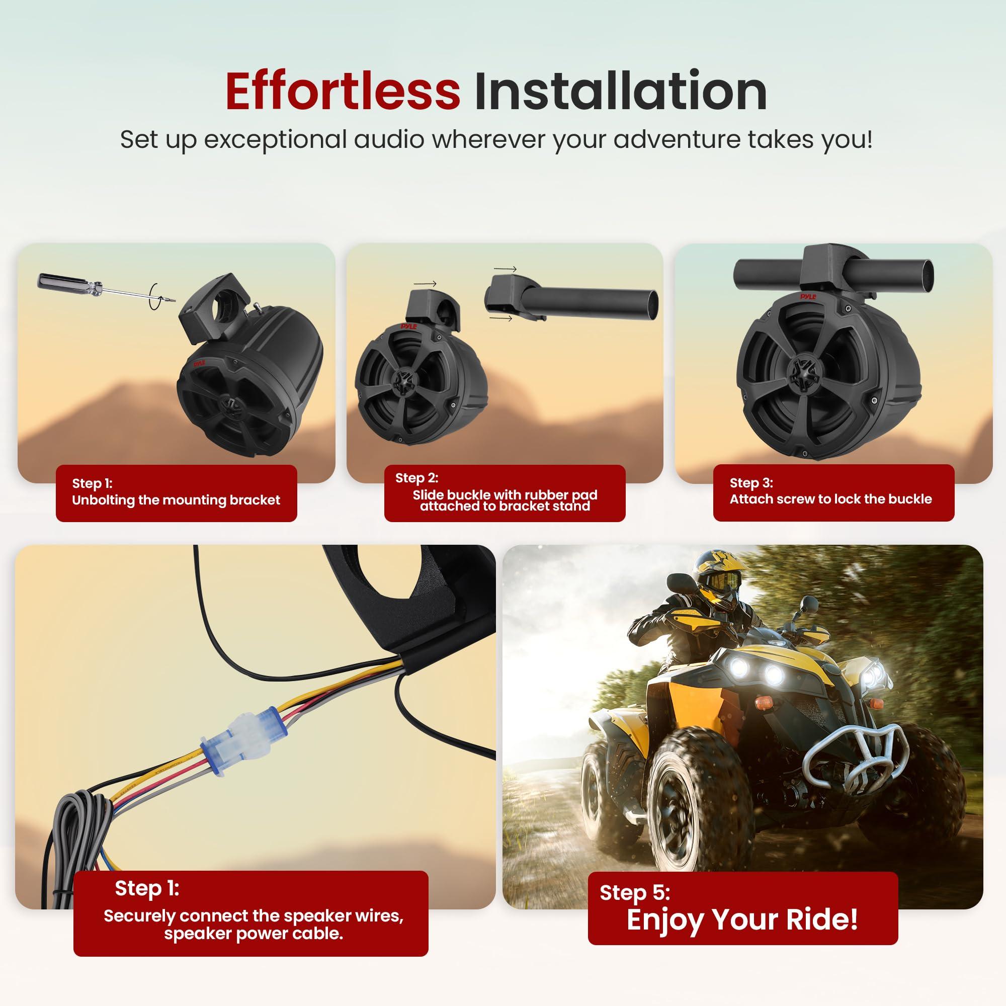 Pyle Pyle 1200W Marine-Grade Powersports Speaker System - Bluetooth 5.0 Waterproof UTV ATV Speaker with Amplifier, 6.5" Off-Road Audio System with Universal Roll Bar Mount for Jeep 4x4 (Pair)