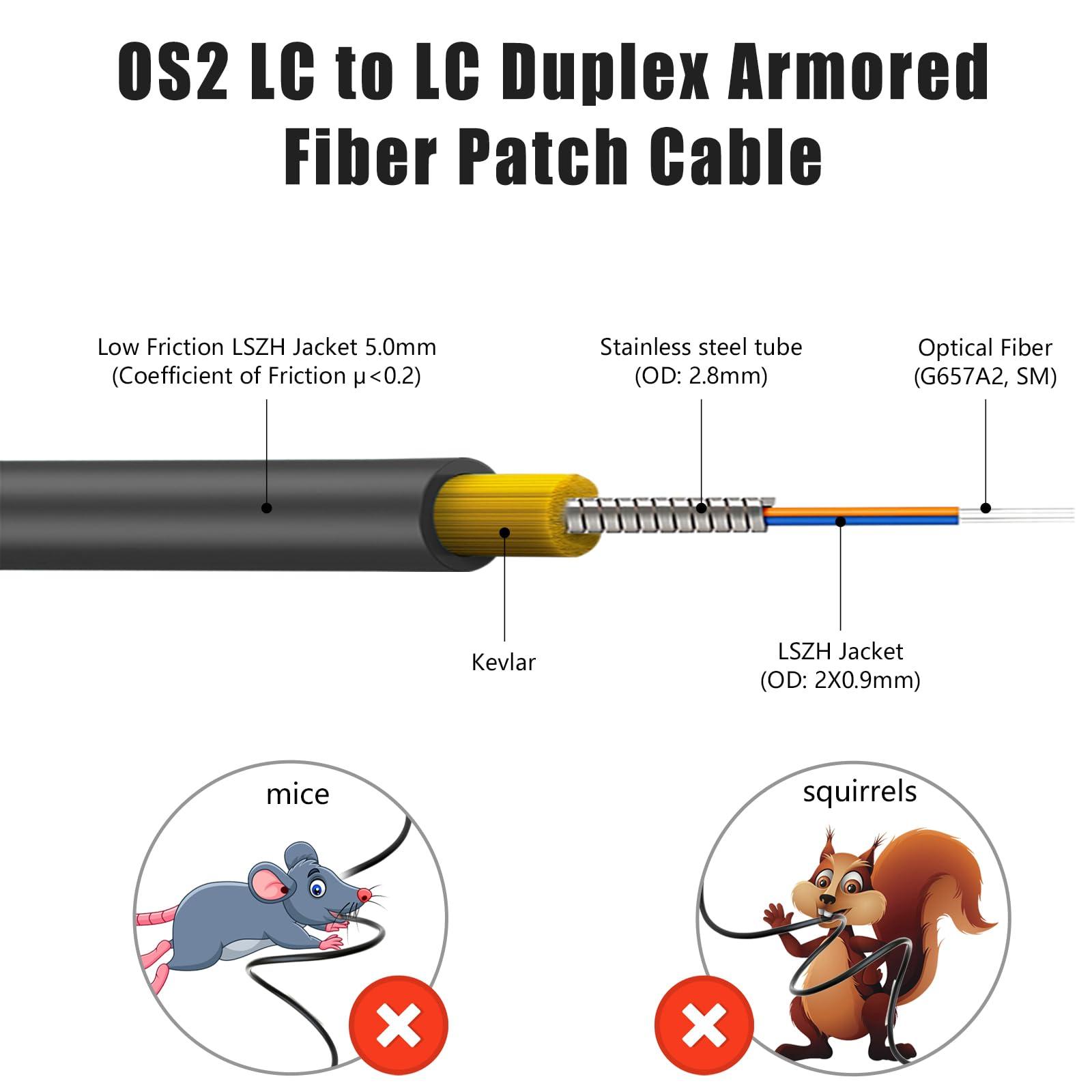 FLYPROFiber FLYPROFiber- 100M/328ft OS2 LC to LC Outdoor Armored, Duplex 9/125 Uniboot SM Fiber Optic Cable, Cable Length Options: 10m-300m, 1G/10GB Single Mode Duplex LC-LC 9/125 um, OD-5mm, LSZH