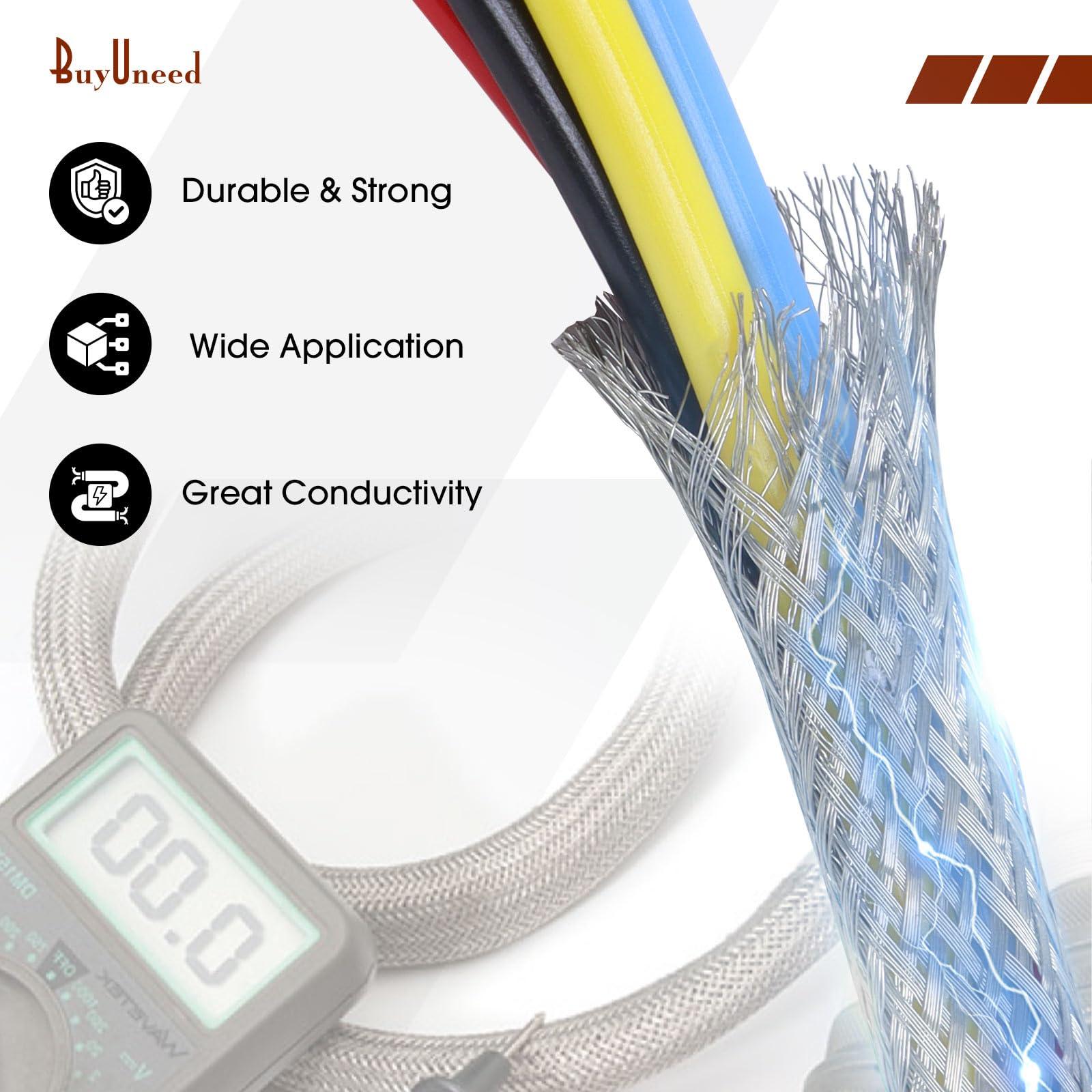 BuyUneed Tinned Copper Braid Cable Wire Shielding Sleeve Ground Straps Protection Flat Metal Mesh Flexible Expandable (5/16 in Wide(0.20 in Dia)-15ft)