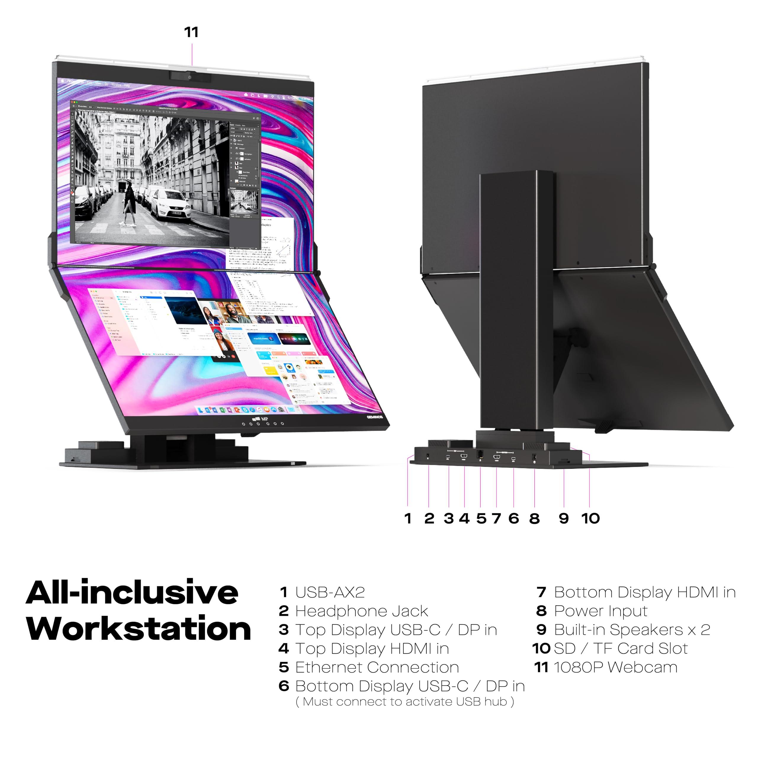 MP Mobile Pixels Geminos, Dual 24" IPS Stacked Computer Monitors with 65W USB-C Charging, with Adjustable Viewing Angle and 1080p Webcam and 3W Speakers, Multiport Docking Station (Desktop Monitor)