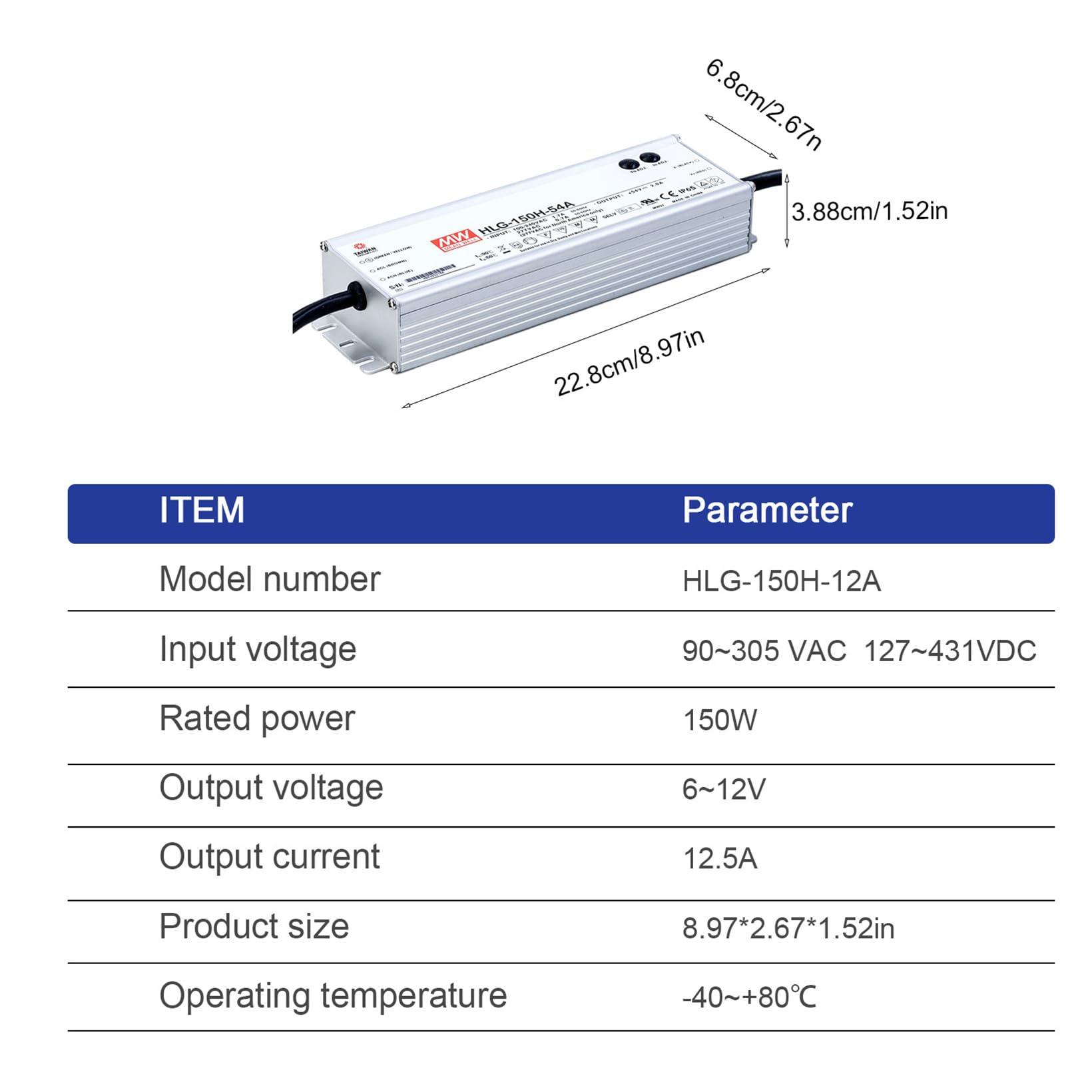 YS powered by MW Generic HLG-150H-12A 12V 12.5A 150W LED Driver IP67 for Outdoor Lighting, YS-HLG-150H-12A