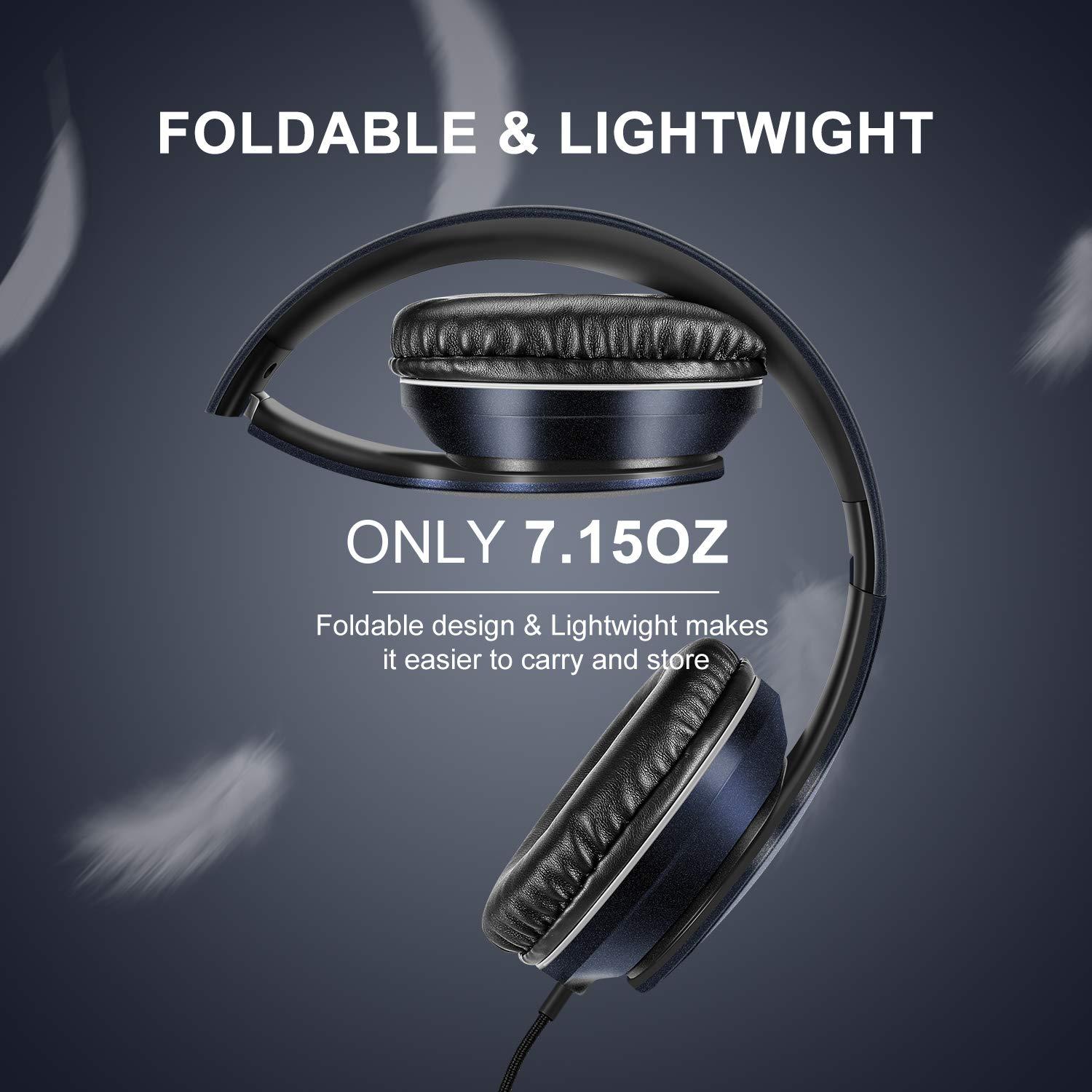 LORELEI LORELEI X6 Over-Ear Headphones with Microphone, Lightweight Foldable & Portable Stereo Bass Headphones with 1.45M No-Tangle, Wired Headphones for Smartphone Tablet MP3 / 4 (Dark Blue)