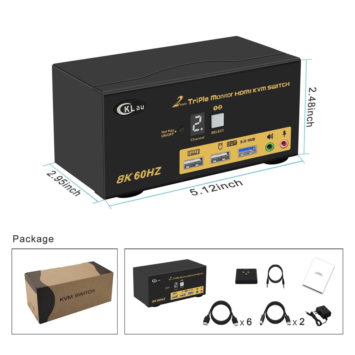 CKLau CKLau 2 Port Triple Monitor KVM HDMI Switch 8K@60Hz, 4K@144Hz for 3 Monitors 2 Computers Share Keyboard and Mouse Support Emulation EDID, Hotkey Function, HDMI 2.1, HDR