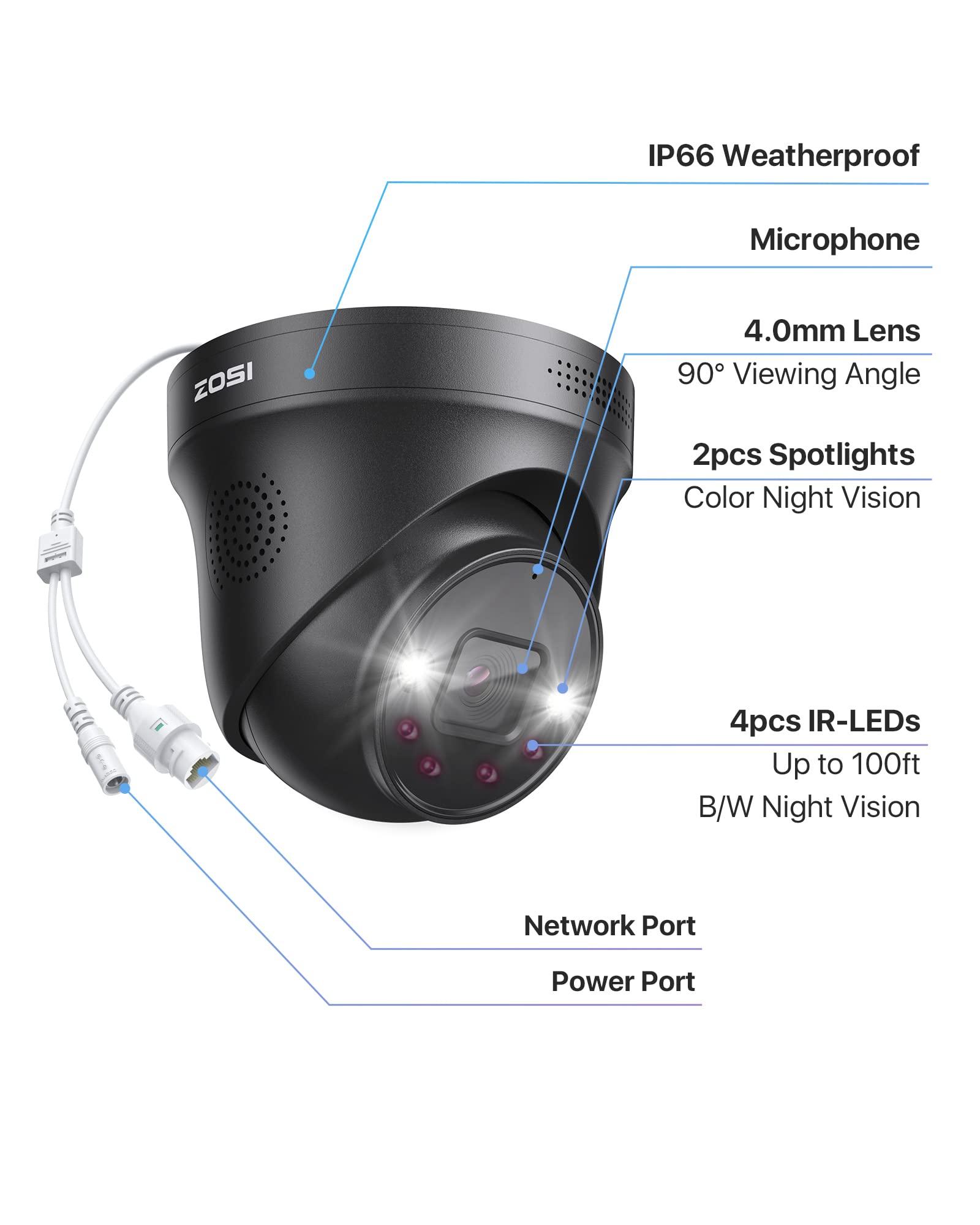 ZOSI ZOSI 4PK 4K PoE Add On Cameras with Ethernet Cables,8MP Dome Security IP Camera Outdoor Indoor,Person Vehicle Detection,Night Vision,Sound & Light Alarm,2-Way Audio,Only Work ZOSI 4K PoE NVR