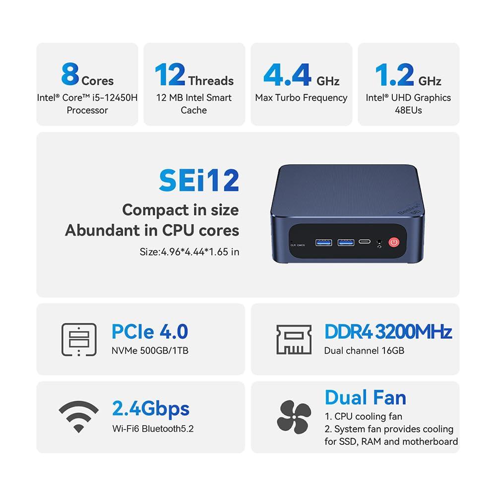 Beelink Beelink Mini PC, SEi12 Mini Computers Intel i5-12450H(Up to 4.4GHz) 8C/12T, Micro PC 16GB DDR4 RAM 1TB M.2 NVMe SSD, Desktop Computer 4K@60Hz/HDMI&DP/WiFi6/BT5.2/Gigabit Ethernet/HTPC/W-11 Pro