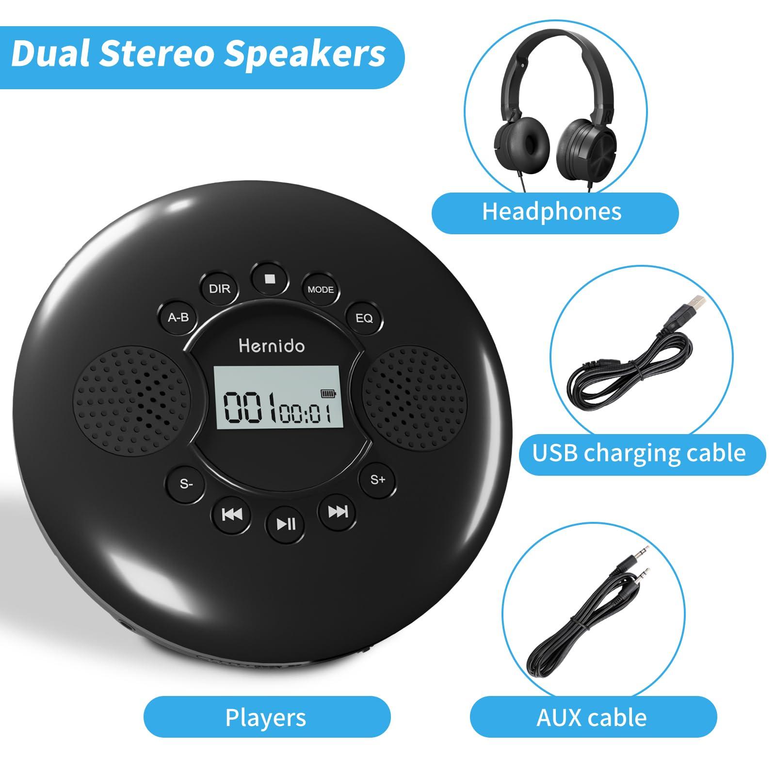 Hernido CD Player Portable, Hernido Portable CD Player for Car with Stereo Speakers, Rechargeable Walkman CD Player with Headphone, AUX, USB, Anti-Skip/Shockproof Discman for Home/Traval