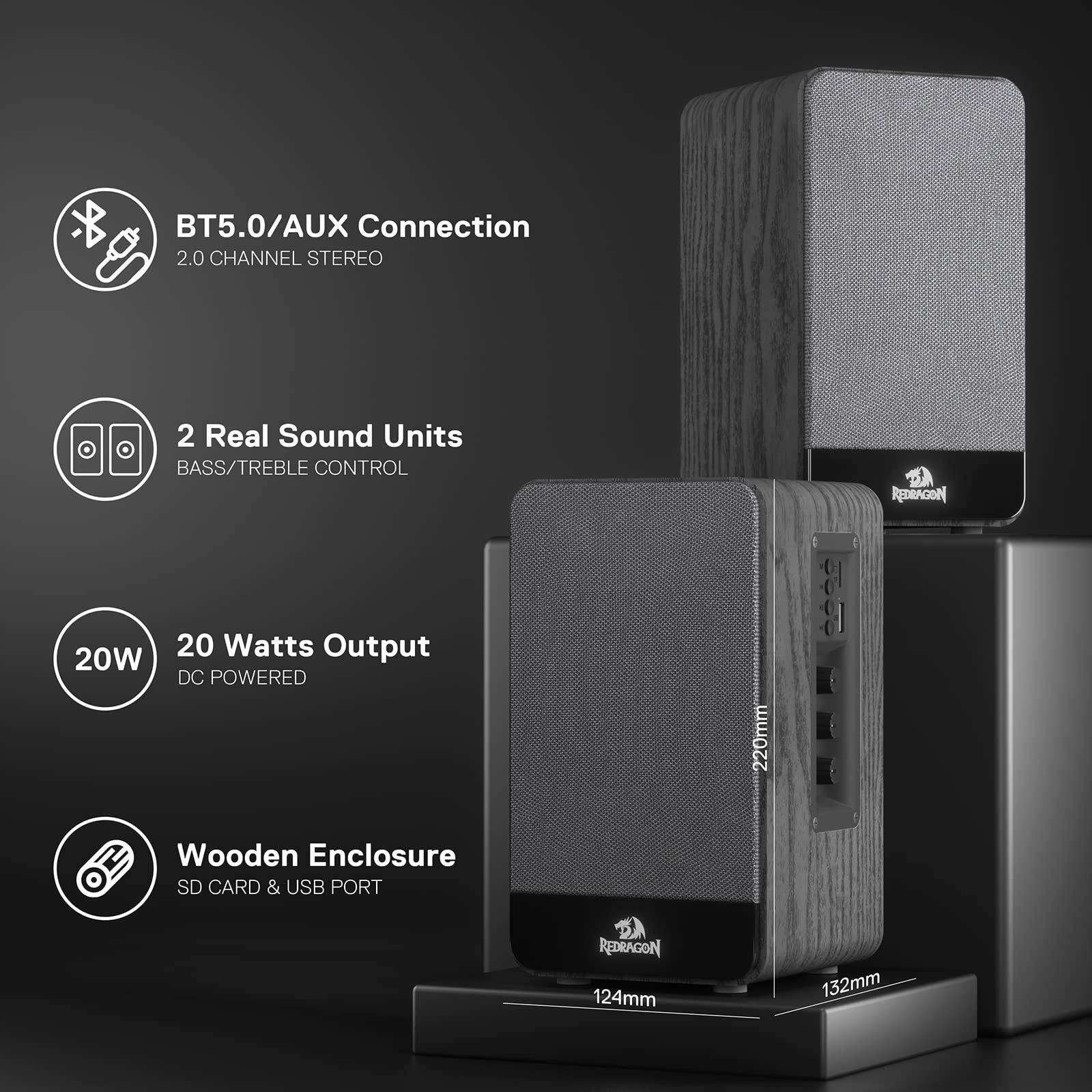 Redragon Redragon GS813 Wireless Desktop Speakers, 2.0 Bookshelf Speaker w/20W Output, BT 5.0/3.5mm AUX, Enhanced Bass/Treble Knob and TF Card/USB Flash Drive Supported