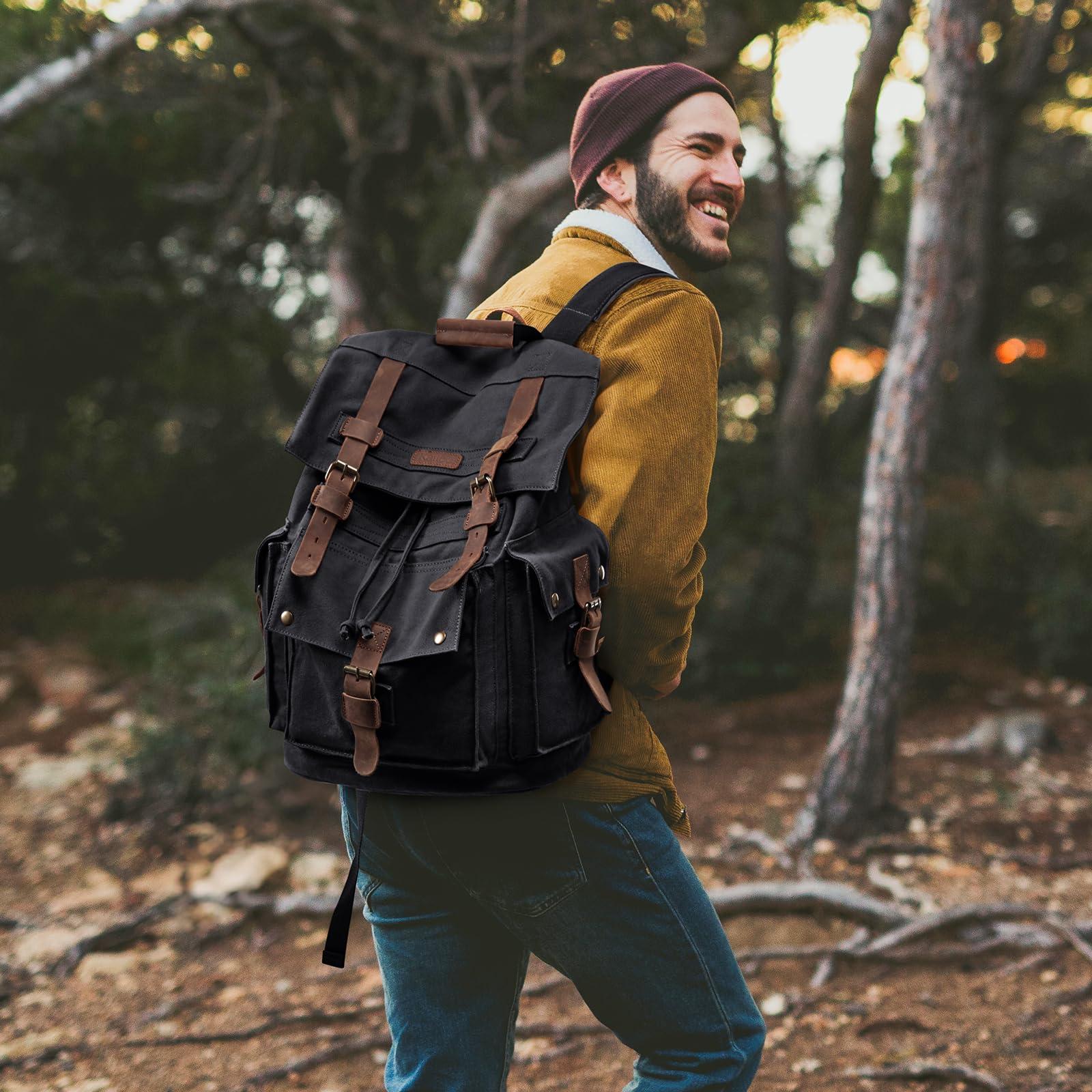 Kattee Kattee Mens Leather Canvas Backpack Large School Bag Travel Rucksack Black