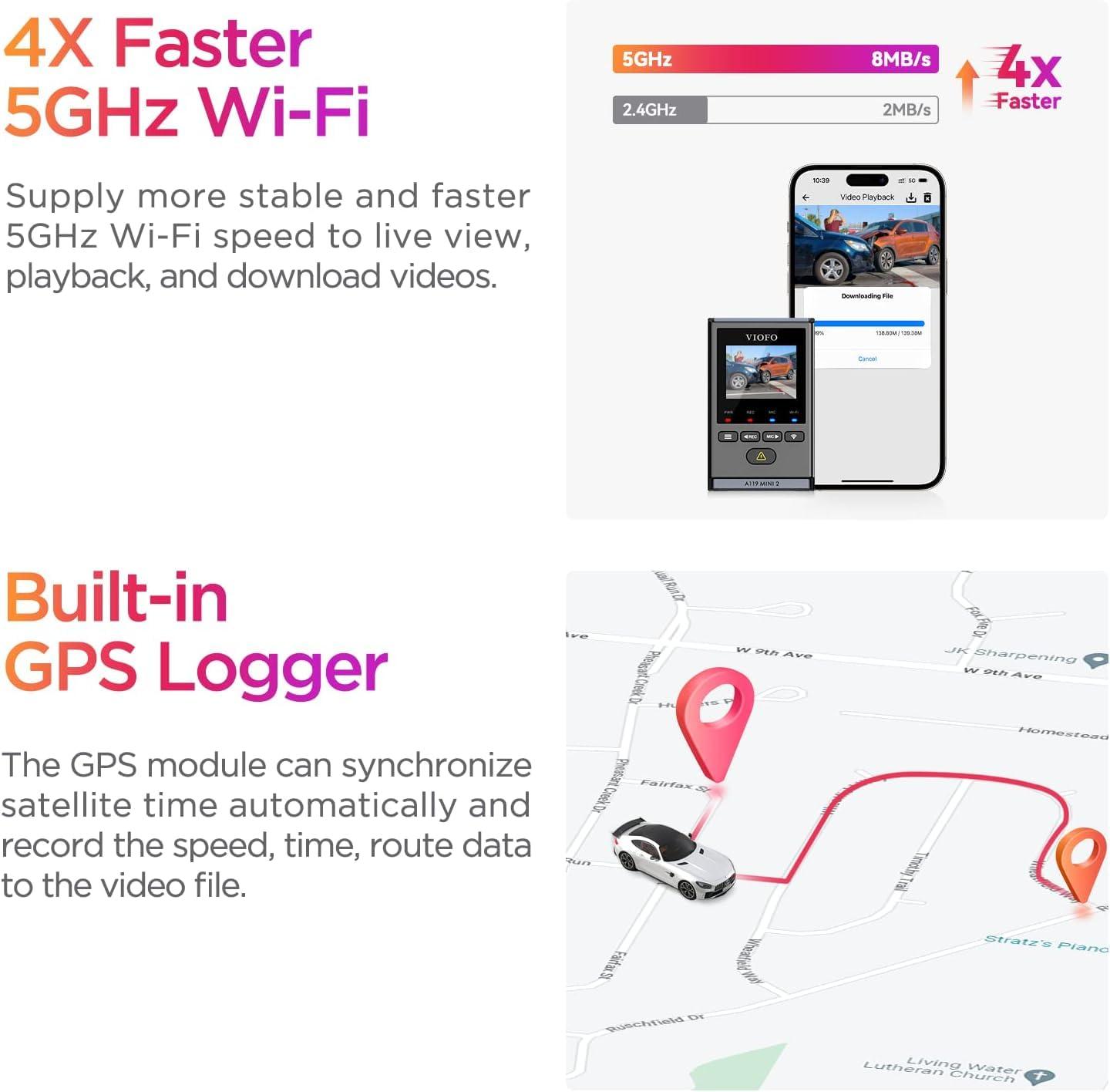 VIOFO VIOFO Dash Cam A119 Mini 2, STARVIS 2 Sensor, 2K 60fps/HDR 30fps Voice Control Car Dash Camera with 5GHz Wi-Fi GPS, Night Vision 2.0, 24H Parking Mode, Supercapacitor, Support 512GB Max