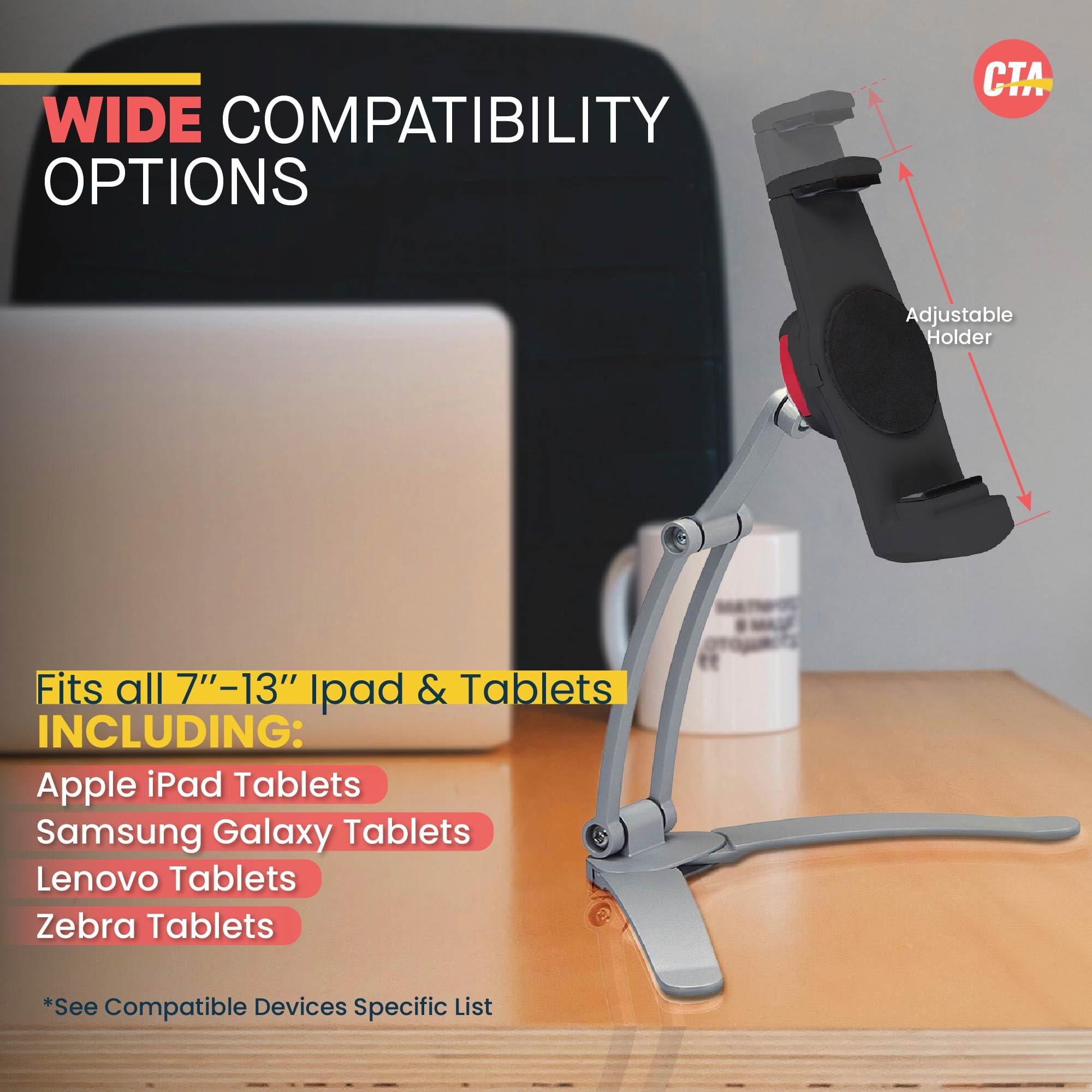 CTA Digital 3-in-1 Mount Stand  CTA Multi-Flex Tablet Base and Support Installs on Walls or Folds for iPad 10th Gen 10.9\" - 7/8/9 Gen 10.2 - Air 4 - Pro 11 - Galaxy Tab S3 - Silver (PAD-KMSB)