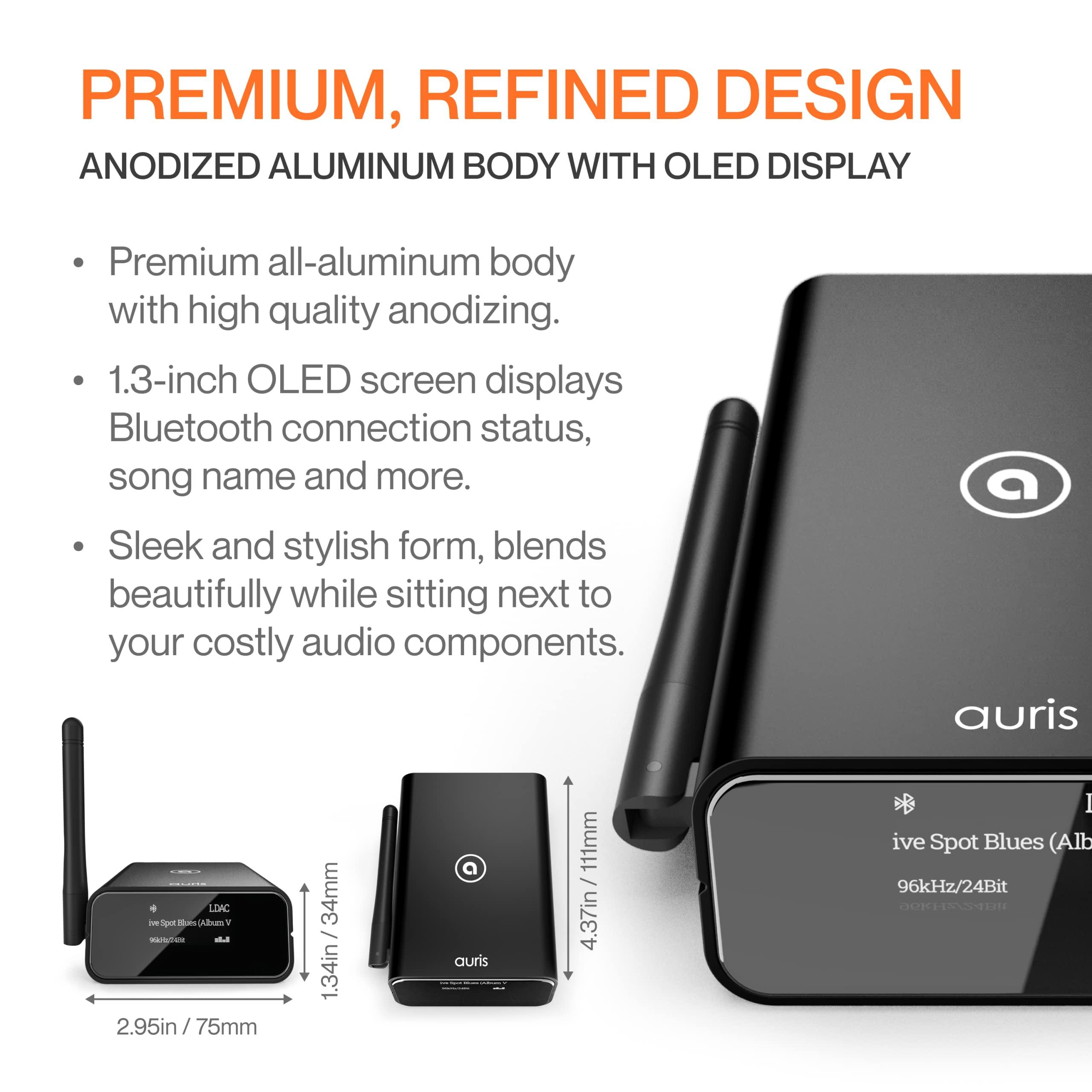 Auris Auris Blume Pro HiFi Bluetooth 5.3 Music Receiver Long Range Bluetooth Adapter with Audiophile DAC, LDAC, aptX HD, OLED Display & Optical Coaxial AUX Output for Home Stereo, AV Receiver or Amplifier