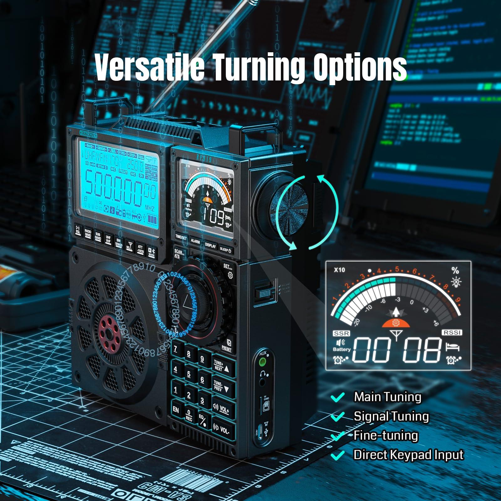 Raddy Raddy RF919 SSB Shortwave Radio with NOAA Weather Band, Full Band FM AM SW VHF UHF AIR CB WB and SSB Receiver, with Antenna Tuner, 3 External Antenna Ports, 5000mAh Rechargeable Battery (Black)