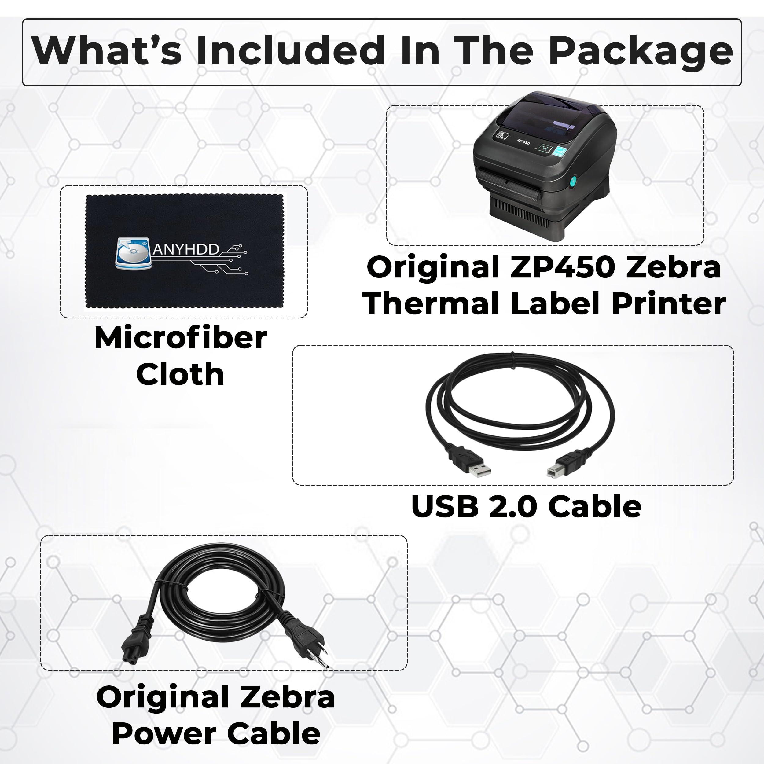 Zebra Zebra ZP450 (ZP 450) Thermal Barcode Label Printer - 1 Year Warranty, USB, Serial, and Parallel Connectivity 203 DPI Resolution with Power Cord + USB 2.0 Cable + Microfiber Cloth (Renewed)