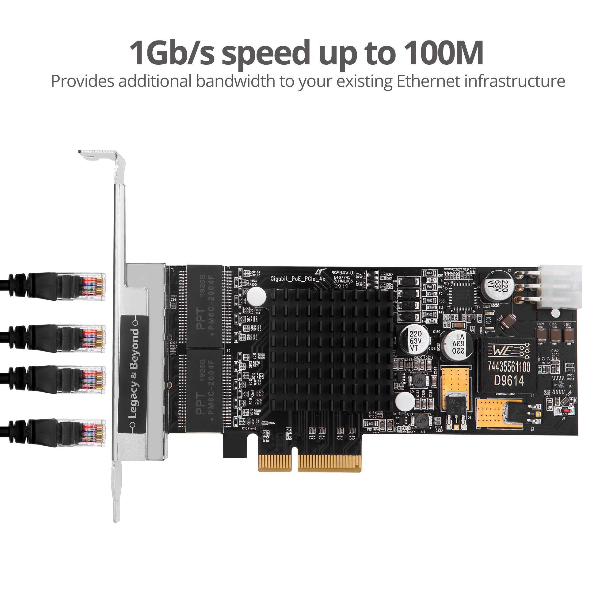 SIIG SIIG 4 Port Gigabit Ethernet PCIe Card with PoE (Power Over Ethernet) - Intel i350-T4, PoE+, 30W Per Port, VLAN, Dual-Profile Brackets (LB-GE0811-S1)