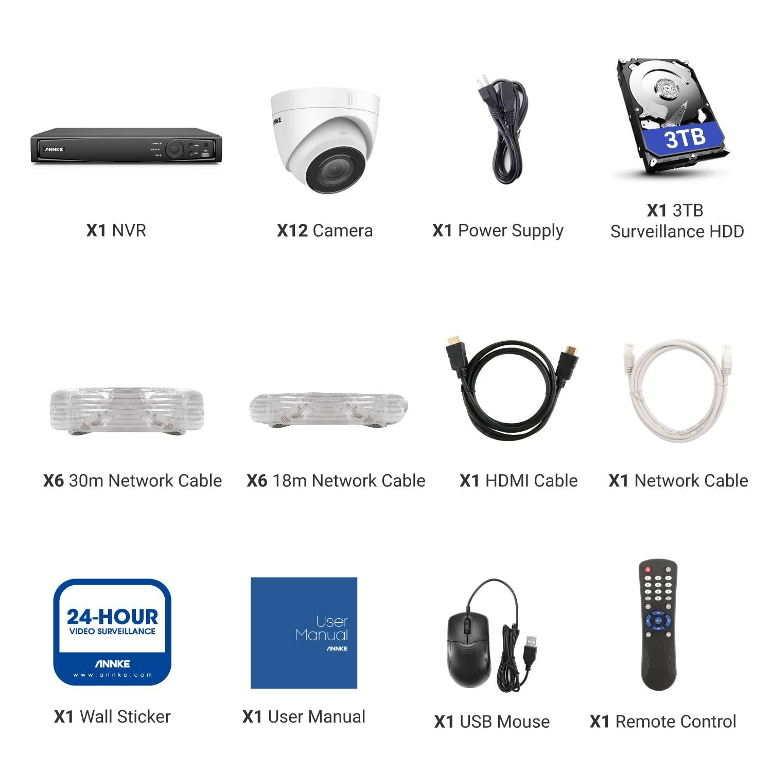 ANNKE ANNKE 5MP 16CH PoE Security Camera System, 12pcs Wired Security IP Camera for Indoor and Outdoor with 100 ft Color Night Vision and Alexa, 4K/8MP NVR with 3TB HDD for 24-7 Audio Recording