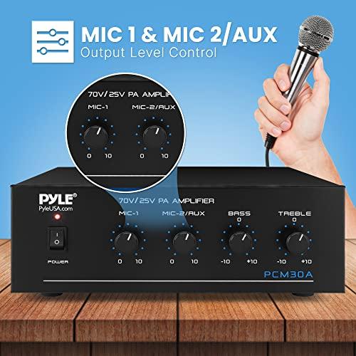 Pyle Pyle Compact Mini Home Power Amplifier - 60W Smart Small Indoor Audio Stereo Receiver w/ RCA, 2 Microphone IN, 25/70 Volt Outputs, LED, Input Selector, For PA, Amplified Speaker Sound System - PCM30A