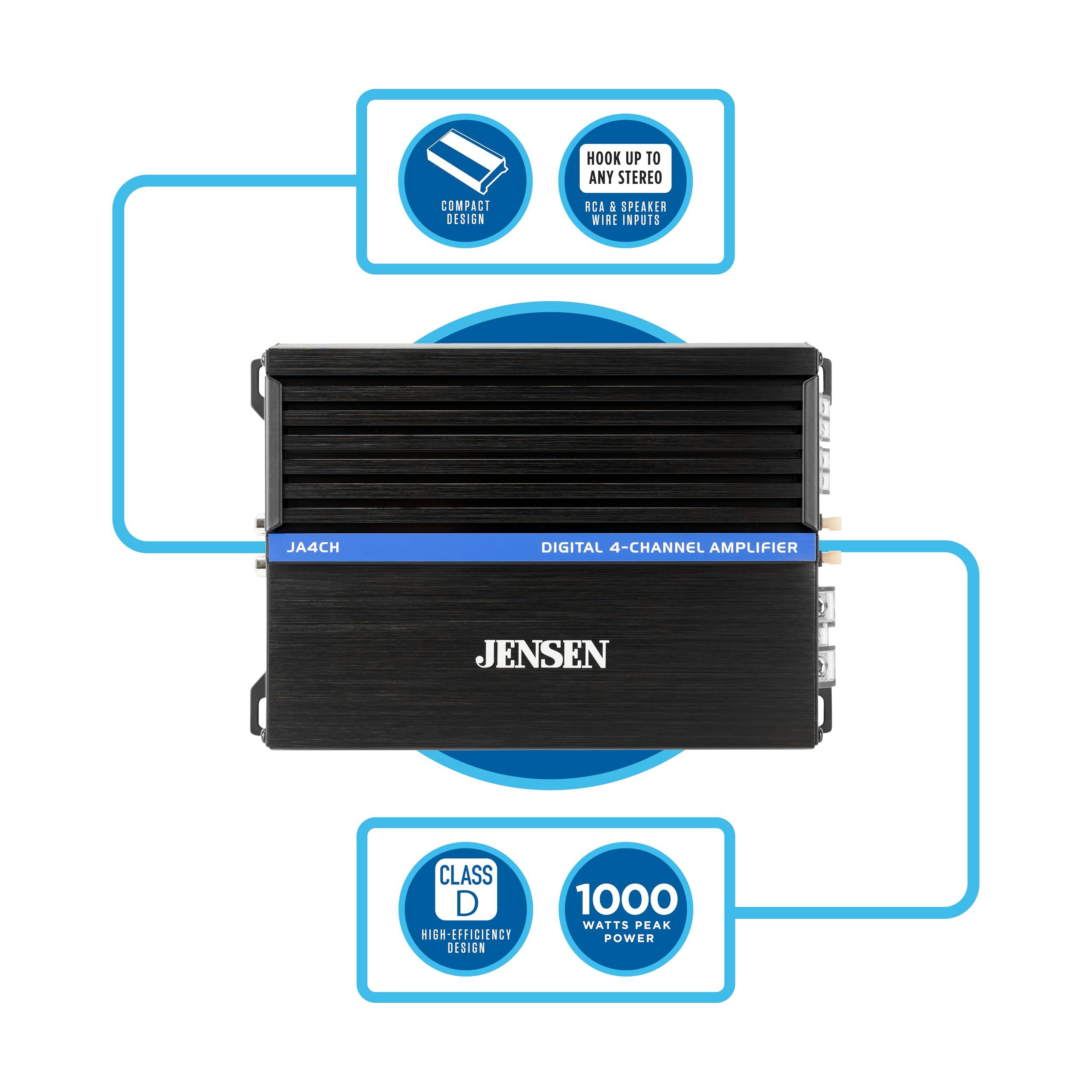 Jensen Jensen JA4CH Class-D 4-Channel Amplifier Car Audio | Motorcycle Audio | 1000 Watts Peak Power | Compact Design | Bridegeable | New