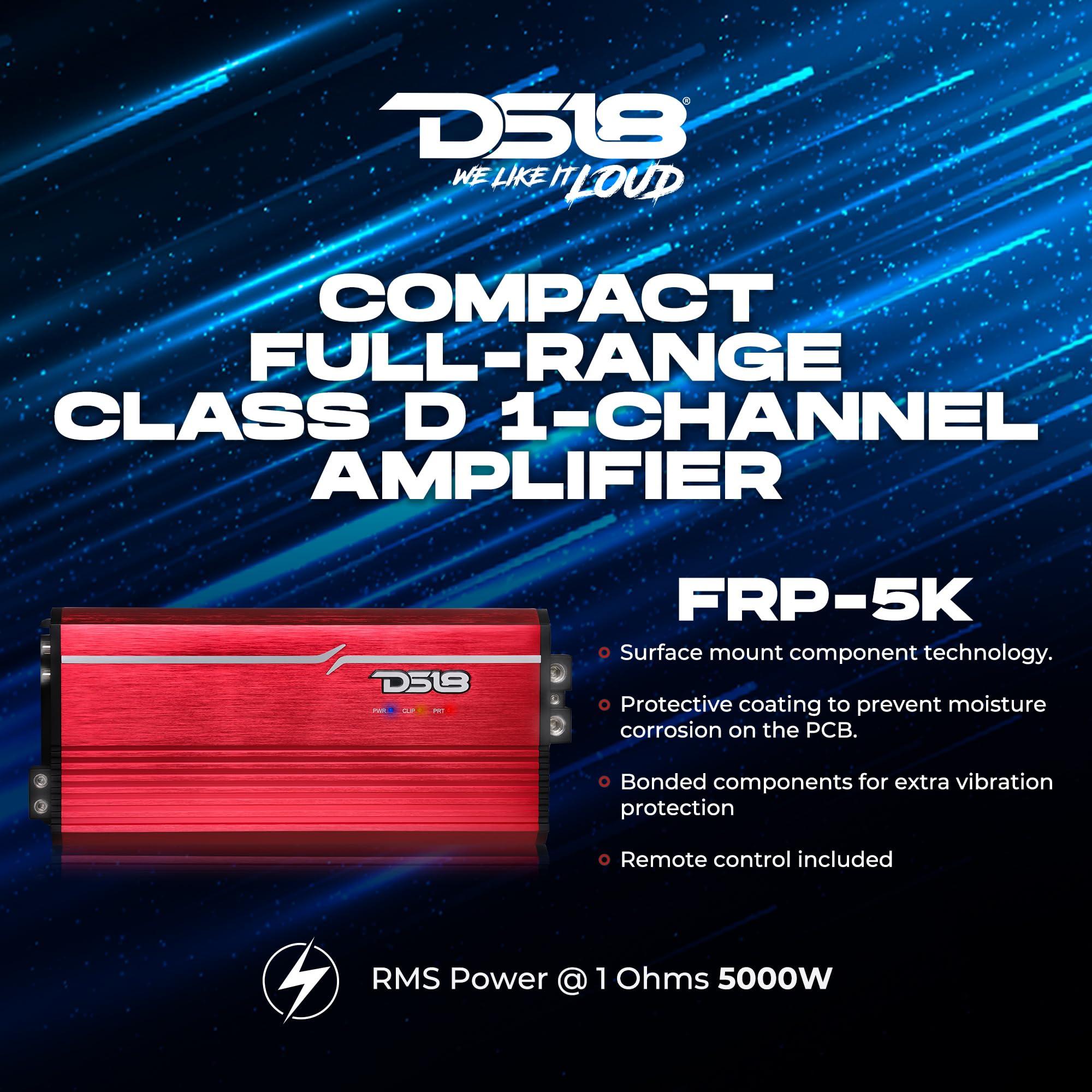 DS18 DS18 FRP FRP-5K/BL 1-Channel Amplifier 5000 Watts RMS @ 1-Ohm, Certified Dyno, Compact Full-Range Class D, Monoblock Amplifier, Exceptional Efficiency, Remote Level Control Knob, Blue