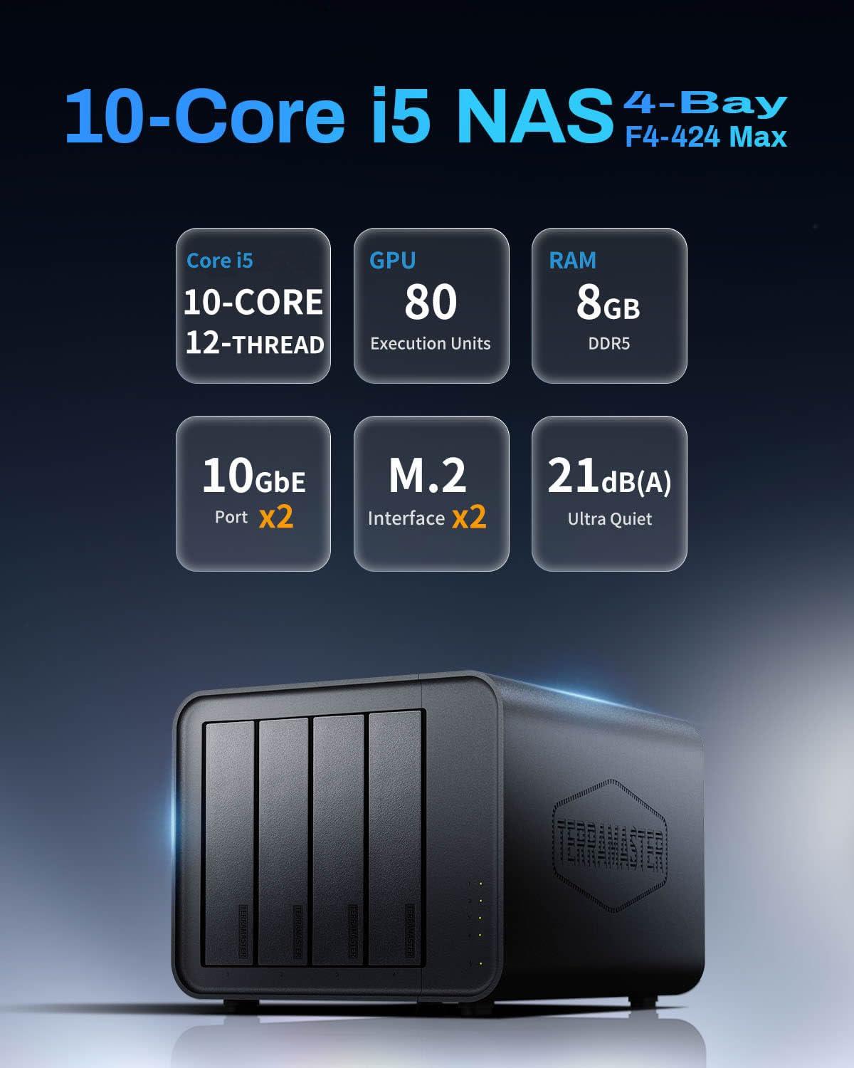 TERRAMASTER TERRAMASTER F4-424 Max NAS Storage - 4Bay Core i5 1235U 10-Cores 12-Threads, 8GB DDR5 RAM, Dual 10GbE Ports, Network Attached Storage Peak Performance for Business (Diskless)