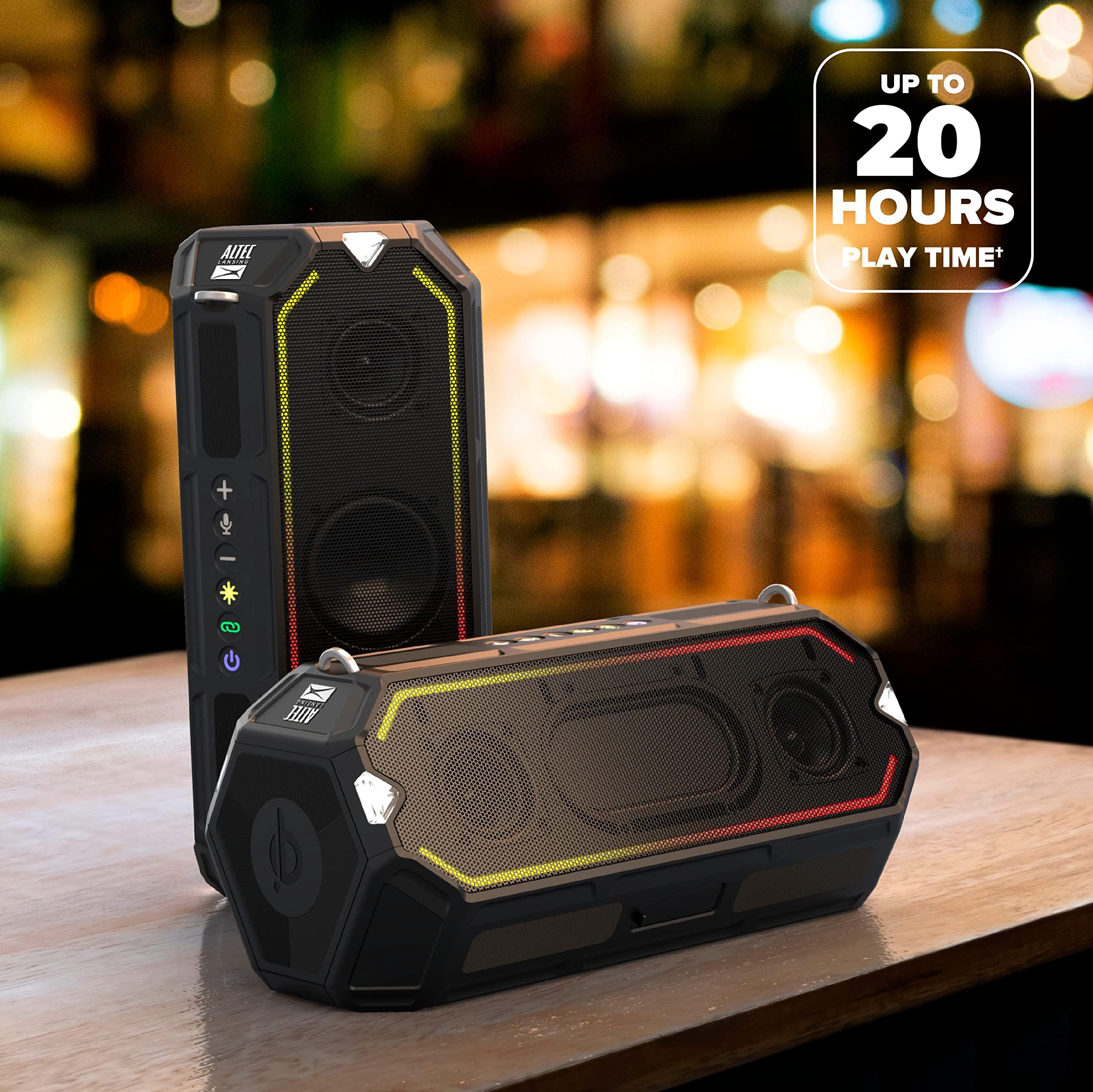 Altec Lansing Altec Lansing HydraShock Bluetooth Speaker USB Type-C Rechargeable Portable Speaker Wireless Charger for Phone, Stereo Speaker w/LED Lights for Pool Beach Hiking Camping, 20 Hour Playtime (Black)
