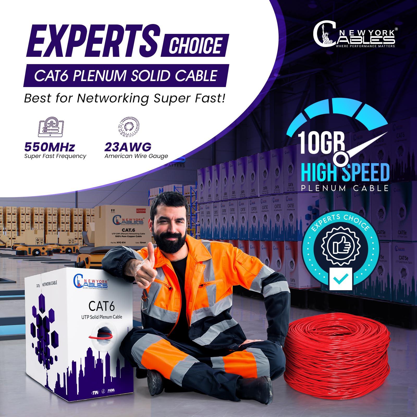 NewYork Cables NewYork Cables | CAT6 Plenum Cable 1000ft (CMP) | UTP, 550MHz, 23AWG, 4Pair UTP 10GB Internet Cable | Quality Tested Bulk Ethernet Cable, for Networking & Gaming (Red)