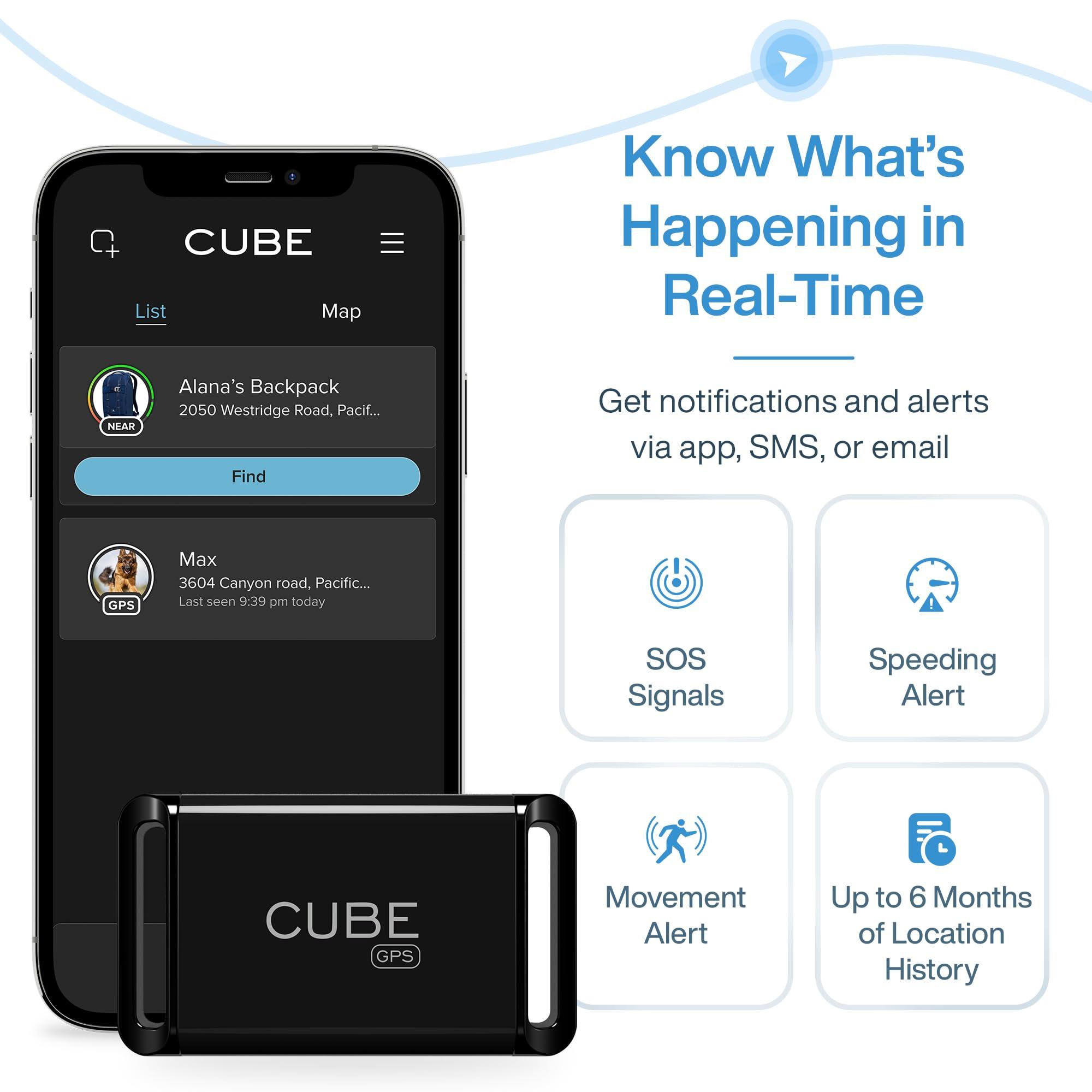 CUBE Cube GPS Tracker for Vehicles Assets Kids, Mini GPS Trackers for Dogs, Car Tracker Device: Real Time Worldwide Location SOS Pings Geo-Fencing + Rechargeable Battery Requires Subscription
