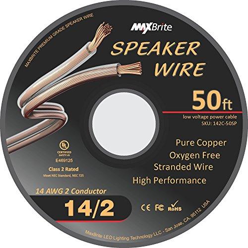 MaxBrite High Performance 14 Gauge Speaker Wire, Oxygen Free Pure Copper - UL Listed Class 2 (50 Feet Spool)