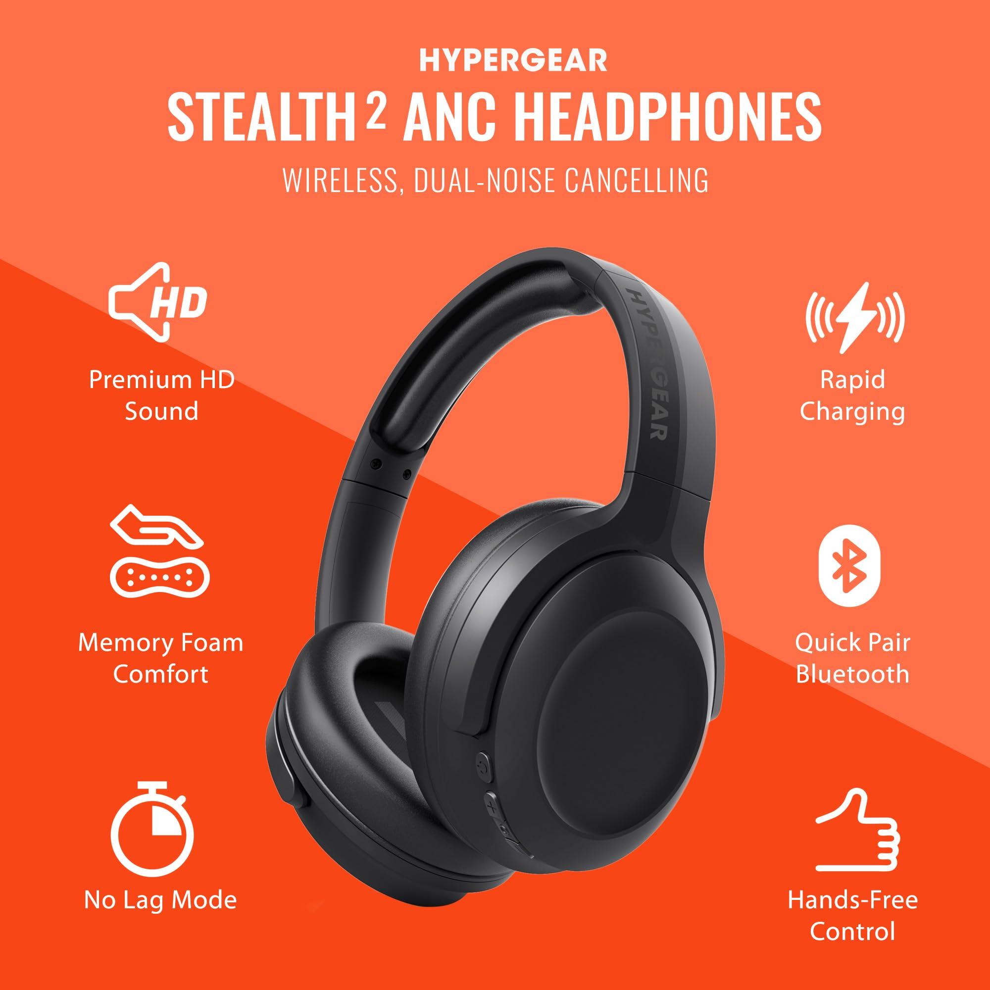 HyperGear HyperGear Stealth2 ANC Wireless Bluetooth Noise Cancelling Headphones - Over-Ear, Bluetooth HD Audio, Deep Bass, Quick Charge, Dual Noise Cancelling Mics, Wireless Sound Technology - Black
