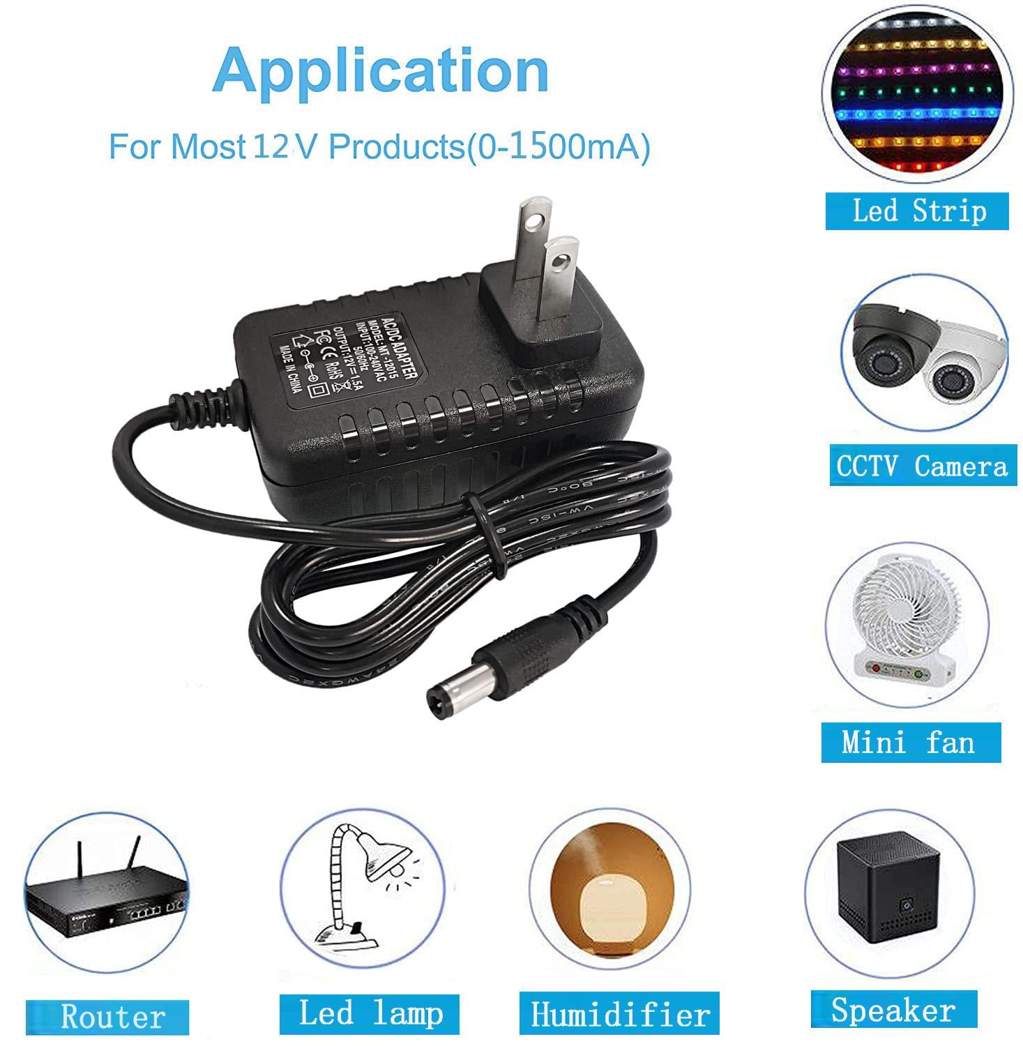 MTYTOT DC 12V 1.5A 1500mA Switching Power Supply AC DC Adapter 100-240V 50-60Hz AC to DC 12 Volt 1.5 Amp Power Adapter 5.5mm x 2.5mm/2.1mm DC Plug Connectivity (12Volt 1.5A Adapter with 10 Sizes of Tips)