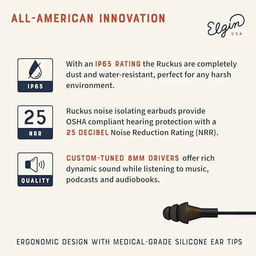 Elgin Elgin Ruckus Earplug Headphones, ANSI Certified 25dB Noise Reduction, IP65 Rated for Dust and Water Resistance, Ideal for Construction and Outdoor Work, Durable w/Kevlar-Braided Cables, Stealth Black