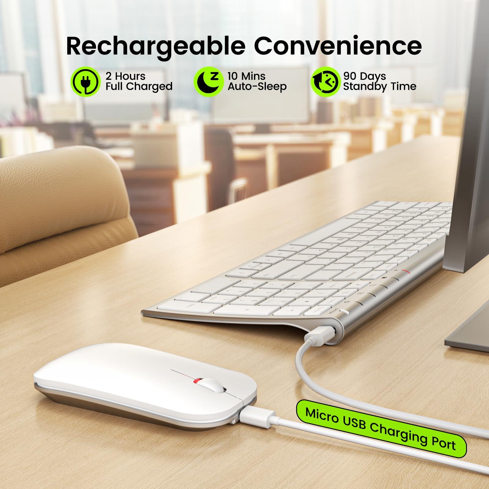 seenda seenda Rechargeable Wireless Keyboard Mouse, Ultra Thin Low Profile Wireless Keyboard and Mouse with Number Pad, Quiet Portable Combo Compatible for Windows XP/7/8/10/11/11 Pro, Silver White