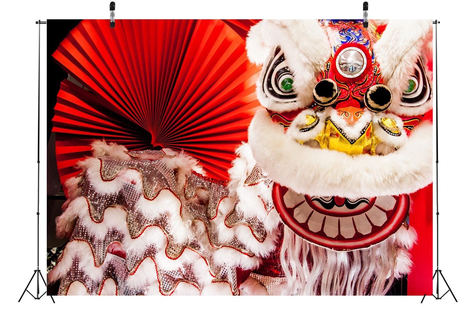 BELECO BELECO 10x6.5ft Fabric Chinese Lion Dance New Year Backdrop Chinese New Year with Red Fan Festival Background Spring Festival Lunar New Year Party Decorations Banner Photo Booth Studio Props