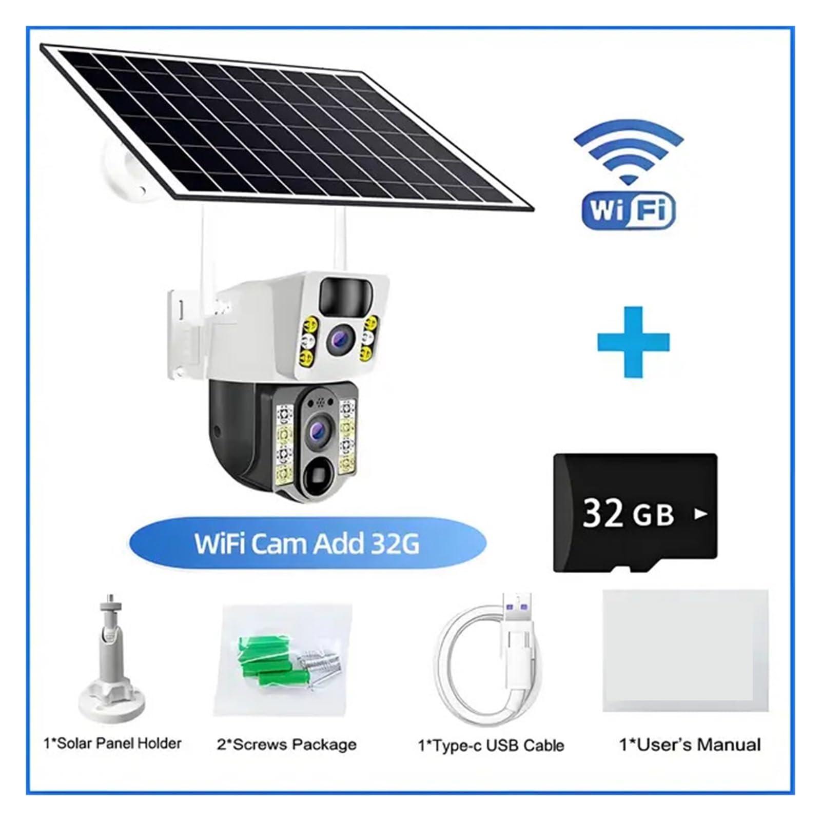 QDVOPHZA QDVOPHZA Solar Camera 8MP 4K 4G Sim Card Outdoor Dual Lens Wireless IP WiFi Camera PIR Night Vision Security Protection PTZ Monitor CCTV(WiFi Cam Add 32G)