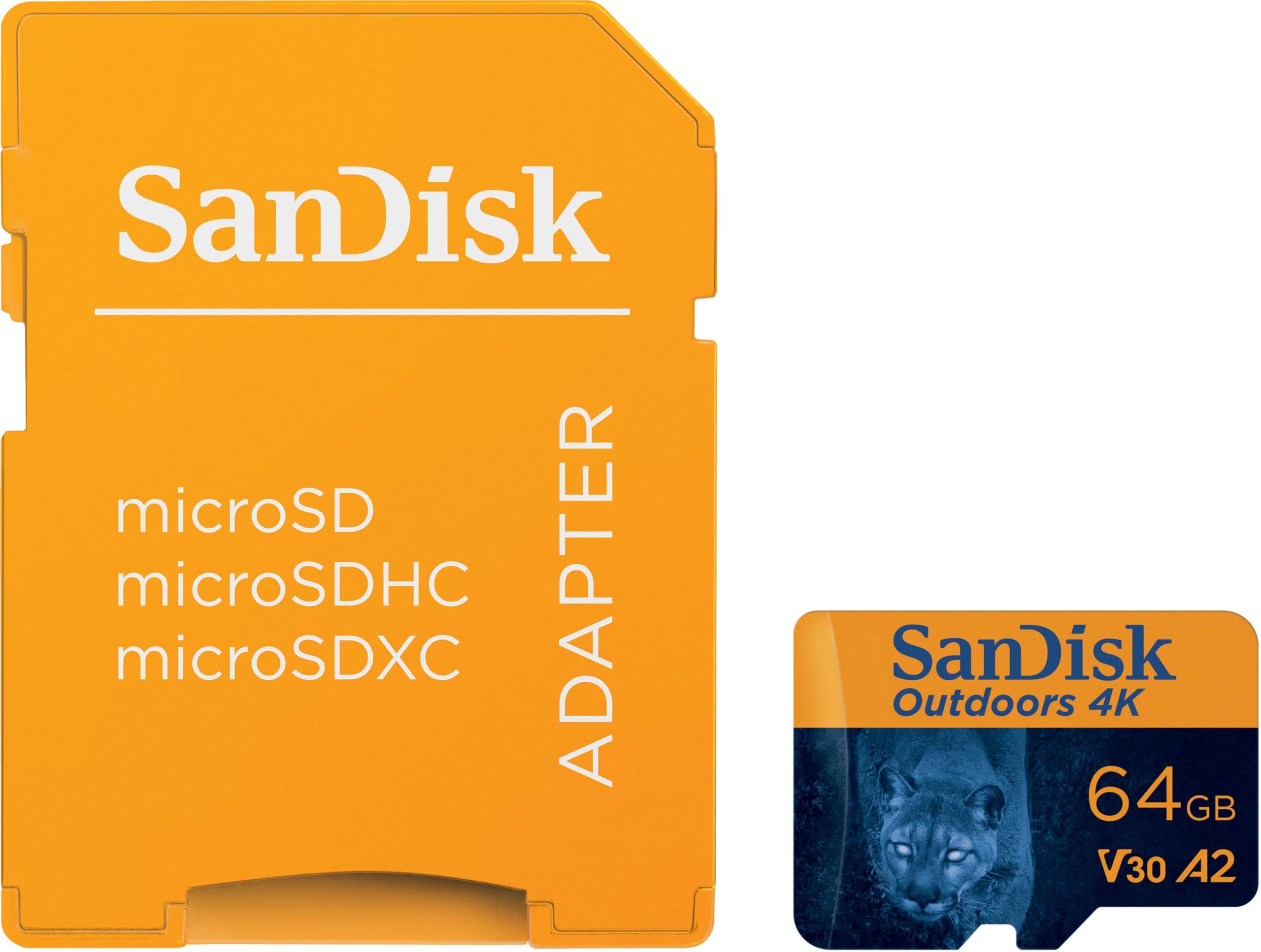 SanDisk SanDisk 64GB 2-Pack Outdoors 4K microSDXC UHS-I Memory Card (2x64GB) with SD Adapter - Up to 170MB/s, 4K, C10, U3, V30, A2, Trail Camera Micro SD Card - SDSQXAH-064G-GN6VT