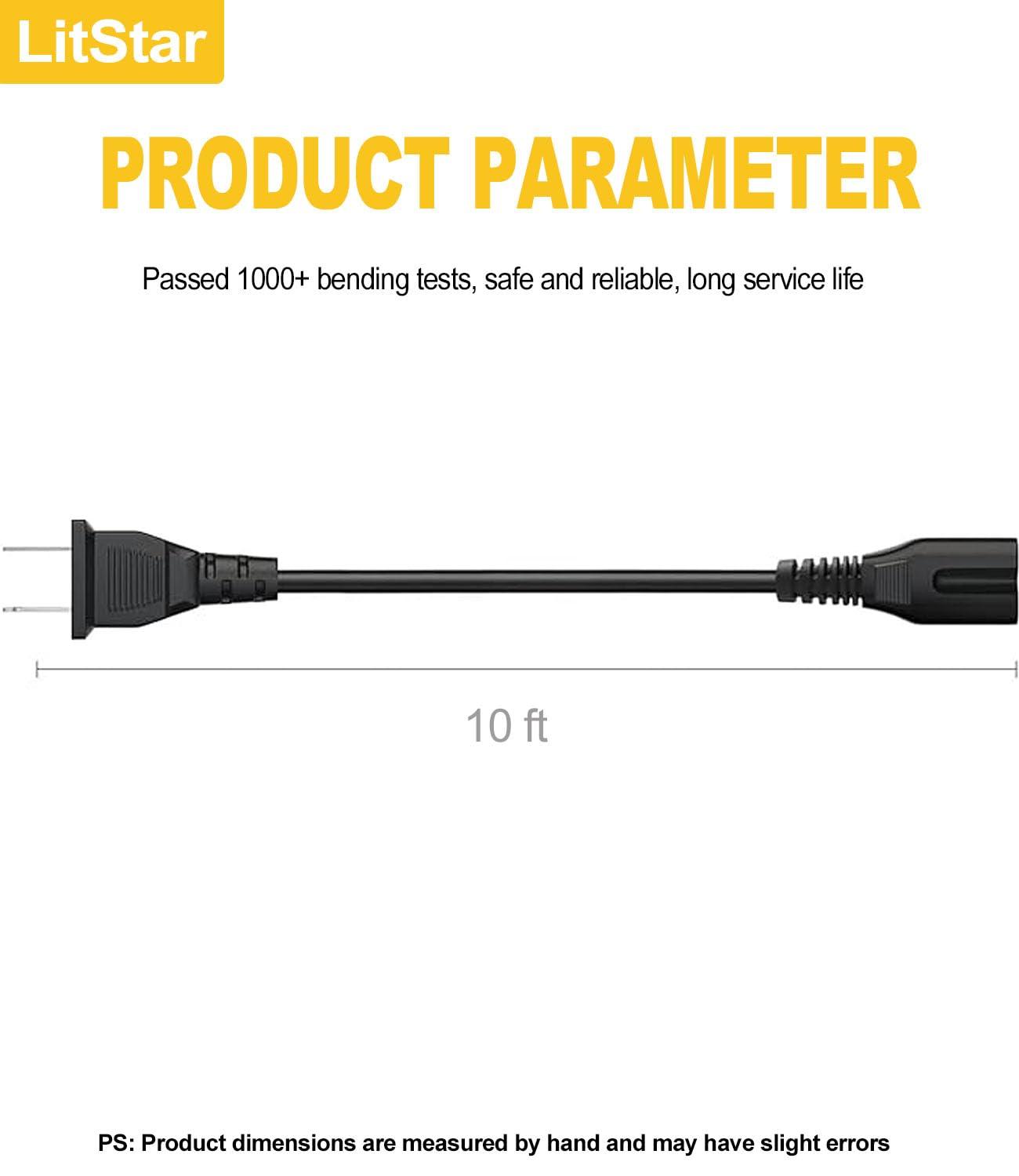 LitStar AC Power Cord for JBL PartyBox 310 110 300 710 100 200 1000 On-The-Go Speaker JBL Soundbar 2.1 3.1 5.1 9.1 Replacement 2 Prong Charger (10 Feet)