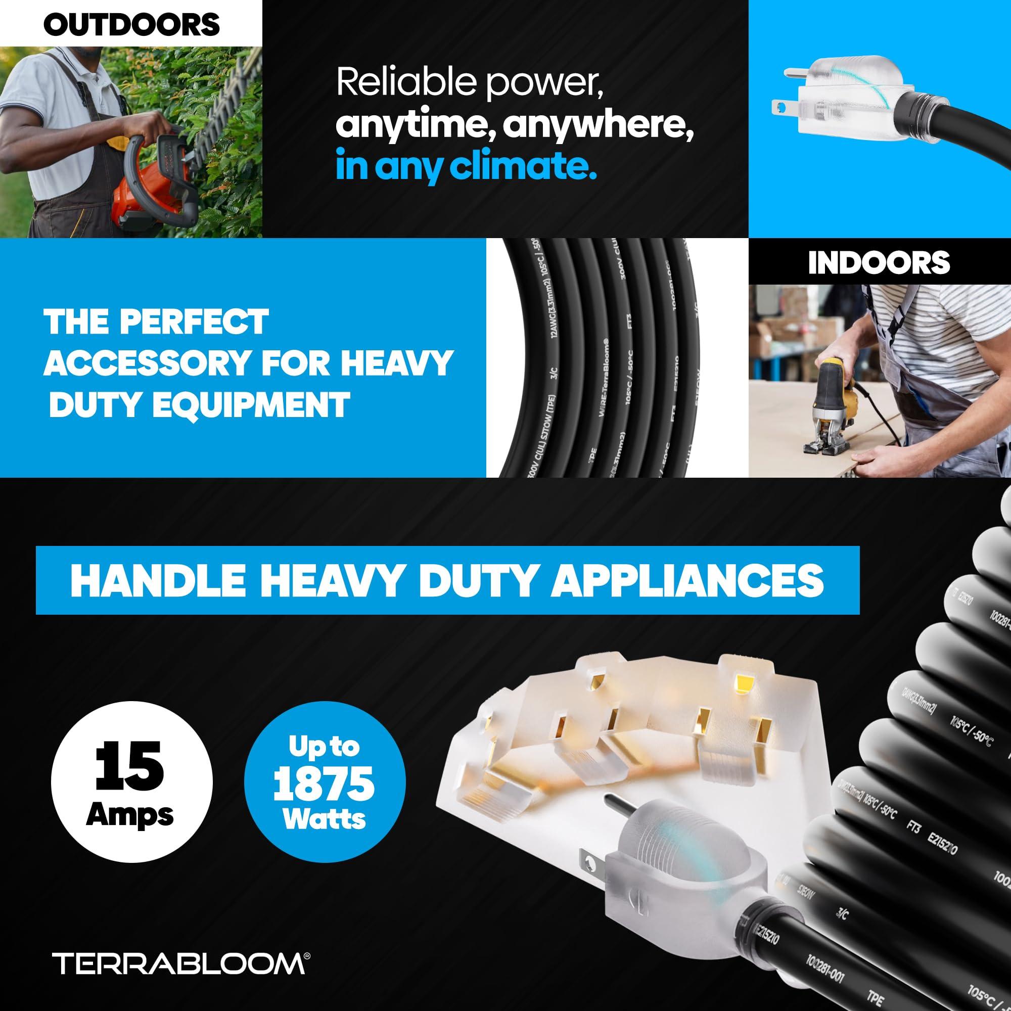 TerraBloom TerraBloom 14/3 Heavy Duty Extension Cord 50 FT Outdoor - Black Outdoor Extension Cord Multiple Outlet - Ultra-Flexible SJEOW Rubber, Light Indicator, Triple Outlet for Maximum Efficiency - 15 Amp
