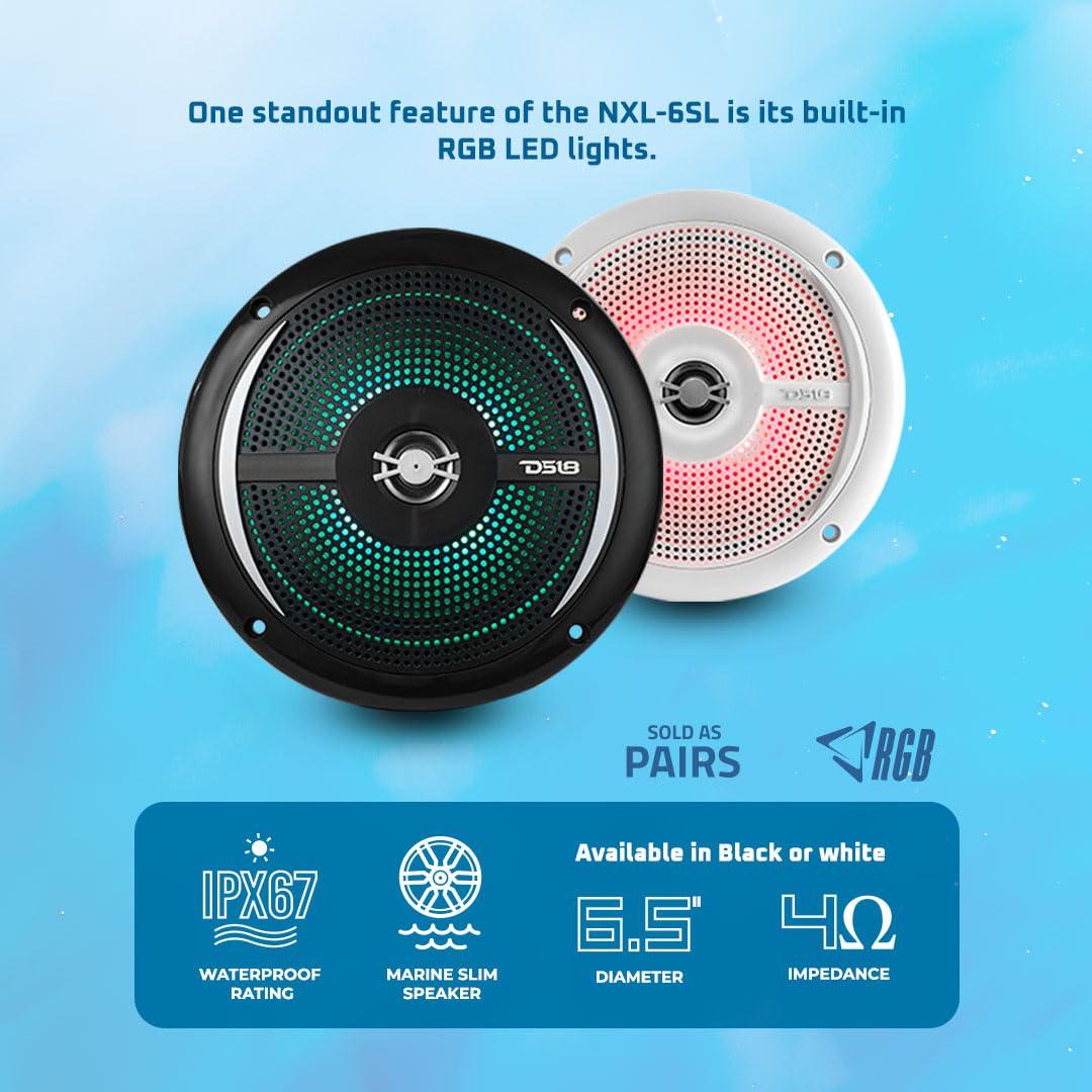 DS18 DS18 MRX16SL/WH Powersports & Marine Multimedia Radio & 2 Way 6.5” Slim Speaker Package – RGB Lights, Bluetooth, Waterproof