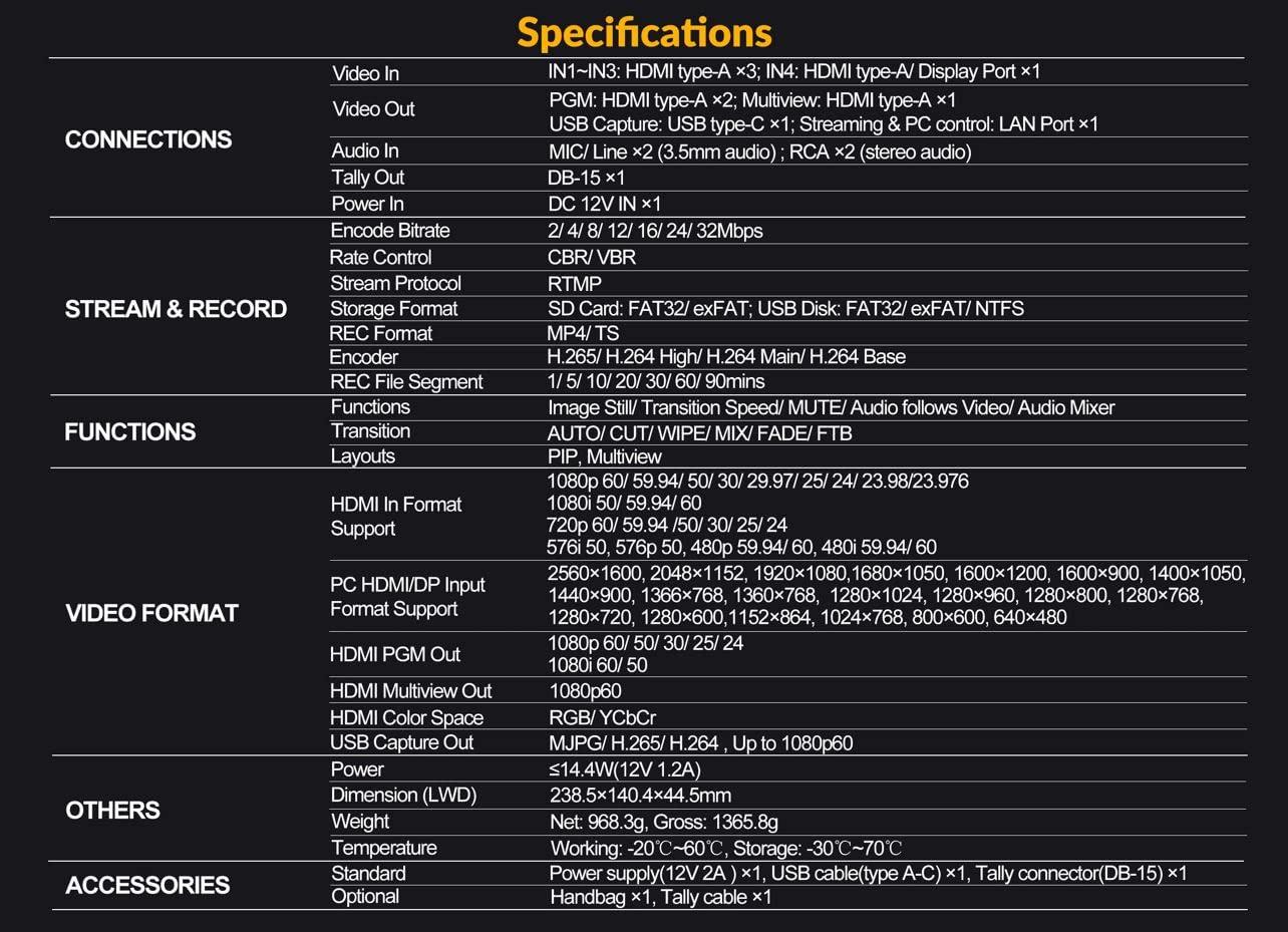 LILLIPUT AVMATRIX HVS0401E Video Switcher Mixer 4 Channel SDI HDMI Inputs 2 Channel PGM Output for Live Streaming Recording