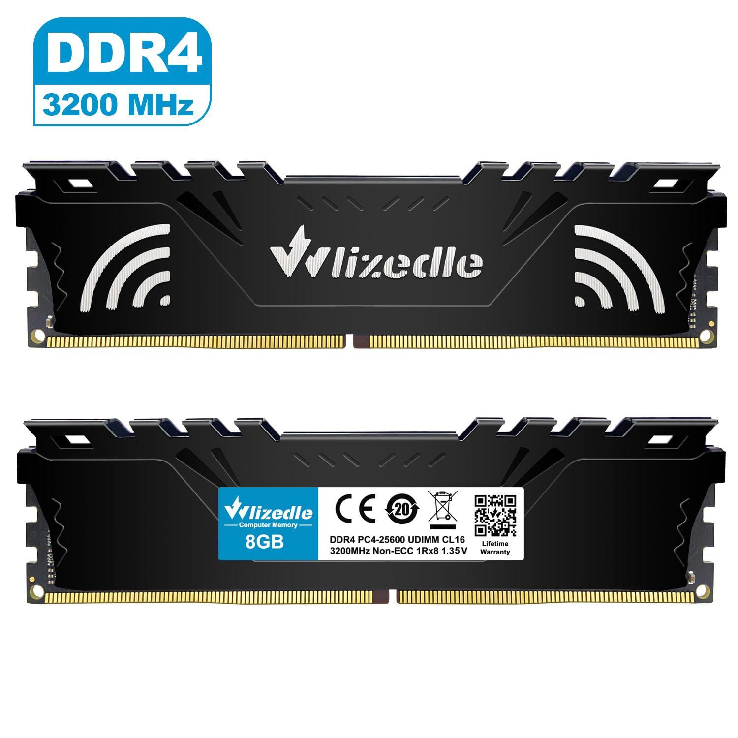 Wlizedle DDR4 RAM 16GB Kit (2x8GB) 3200MHz XMP 2.0 CL16 UDIMM Wlizedle Desktop Memory PC4-25600 288-Pin 1.35V 1Rx8 Non-ECC Unbuffered PC Computer Sdram Sticks Module Upgrade, Black