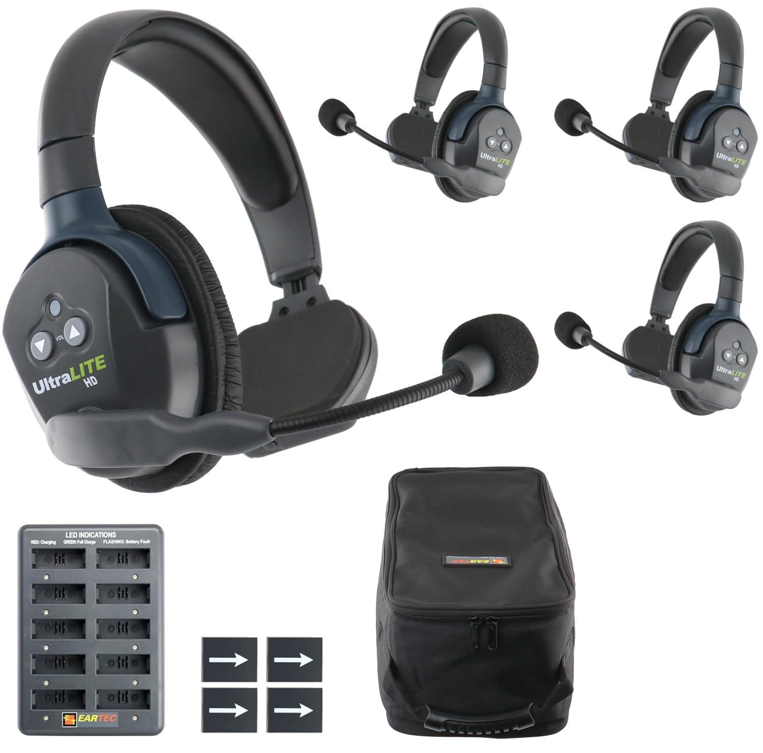 EARTEC EARTEC UL4S Ultralite-HD 4-Person Full Duplex Wireless Intercom Headset Communication System, Single Ear Headsets, Up to 1000ft Range, U.S. Company