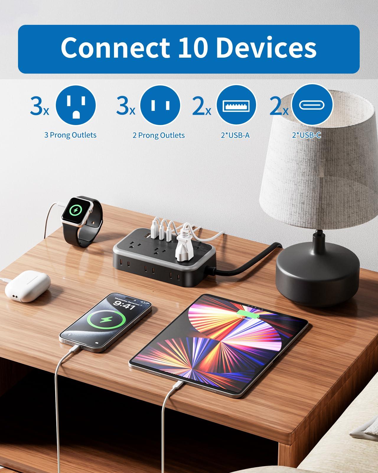 NTONPOWER NTONPOWER 2 Prong Power Strip with 2 USB C+ 2 USB A, 1875W/1080J 2 Prong Surge Protector with 180 Rotating Flat Plug, 2 Prong Extension Cord with 6 AC Outlets, 2 Prong to 3 Prong Outlet Adapter